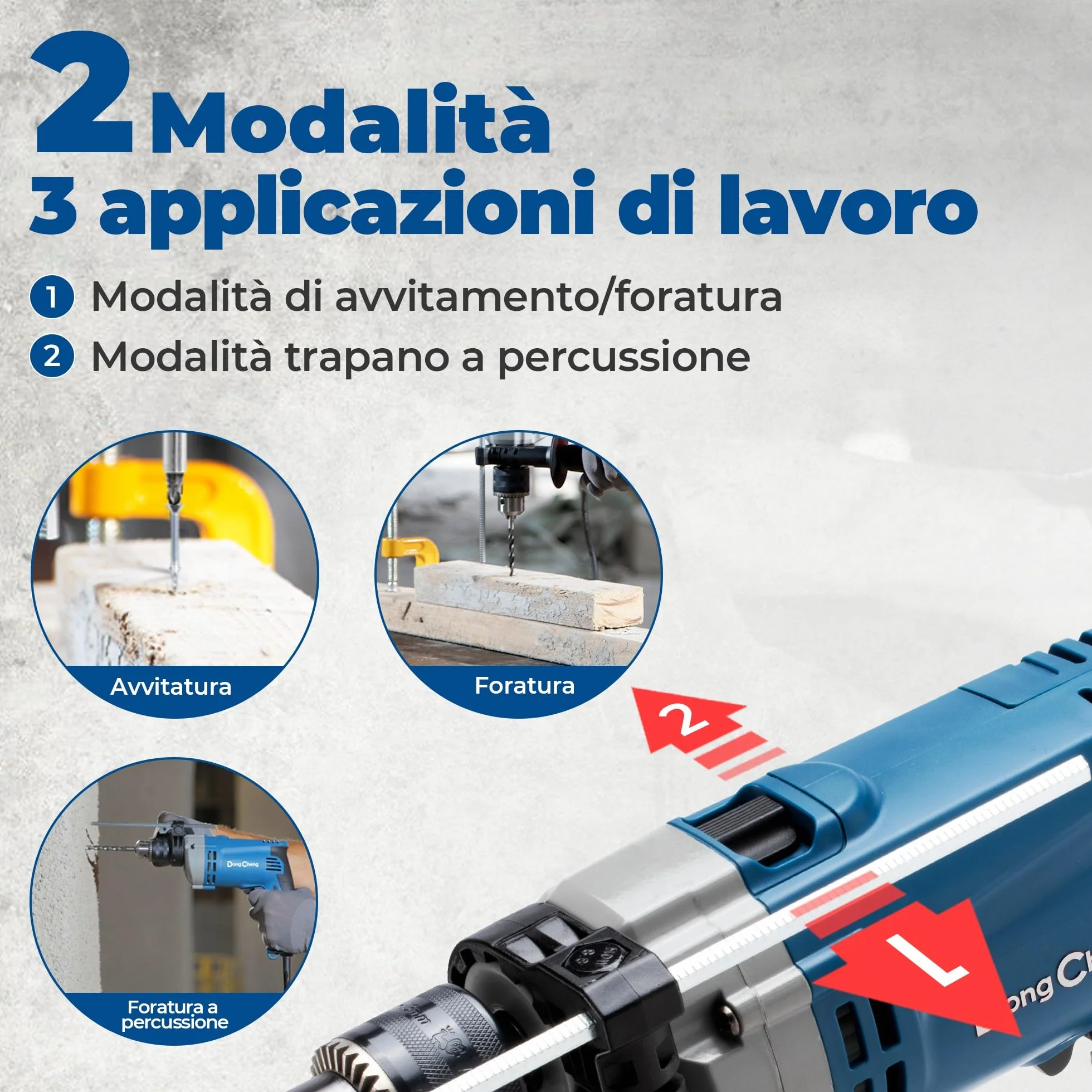 DongCheng Trapano a percussione 710W, trapano 2-in-1, mandrino da 13mm, 45.000 IPM, 3000 RPM, manico girevole a 360°, con 15 punte per metallo, legno e mattoni