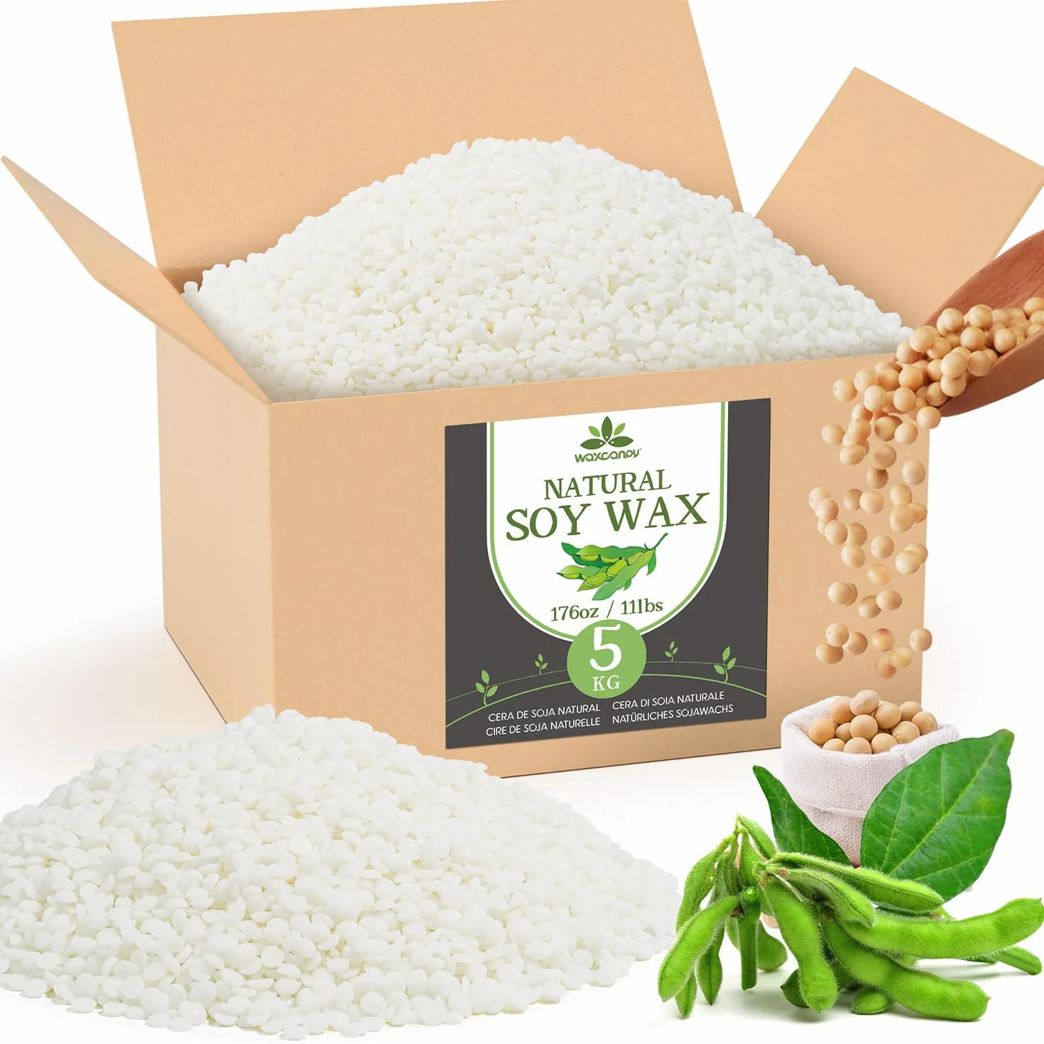Cera di Soia per Candele, Cera per Candele di Prima Qualità 5kg di Waxcanpy, Cera per Candele Fai Da Te, Cera di Soia 100% Naturale per La Produzione di Candele Fai Da Te