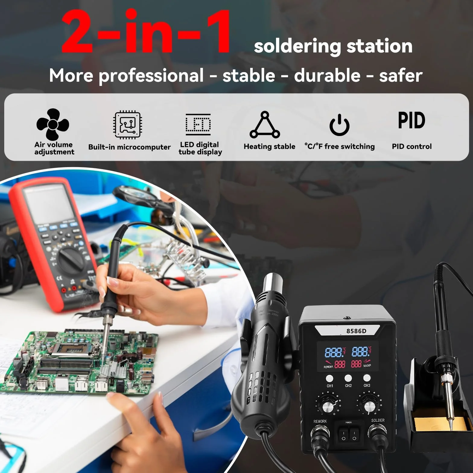 Stazione di saldatura 2 in 1 760 W, Stazione saldante ad aria calda, 8586D Display digitale Pistola ad aria calda Saldatore Strumenti di dissaldatura 3 ugelli inclusi per riparazione elettronica