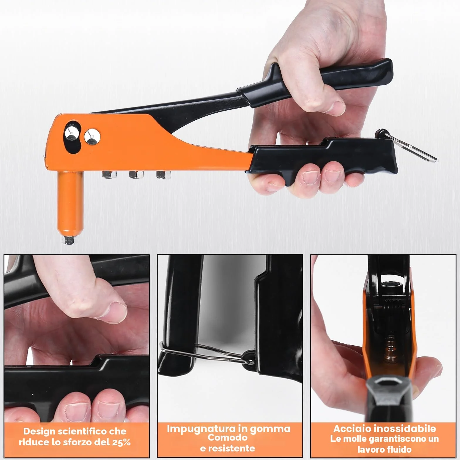 Rivettatrice Manuale 200 Pezzi Rivetti 4 Punte Acciaio Carbonio 4 Teste Intercambiabili 2,4-4,8mm