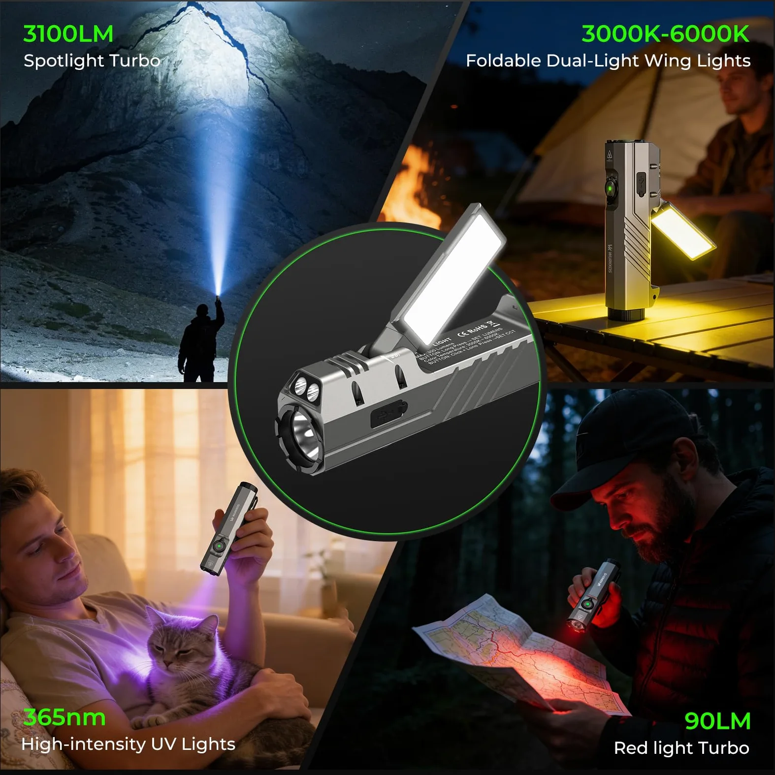Wurkkos HD05 Torcia LED Potente 3100 Lumen, Torcia da Mano 4-in-1 con Luce | Laterale Pieghevole e Rotante, UV e Luce Rossa, Ricaricabile, Magnetica, IPX6 per Campeggio, Officina e Fai da Te