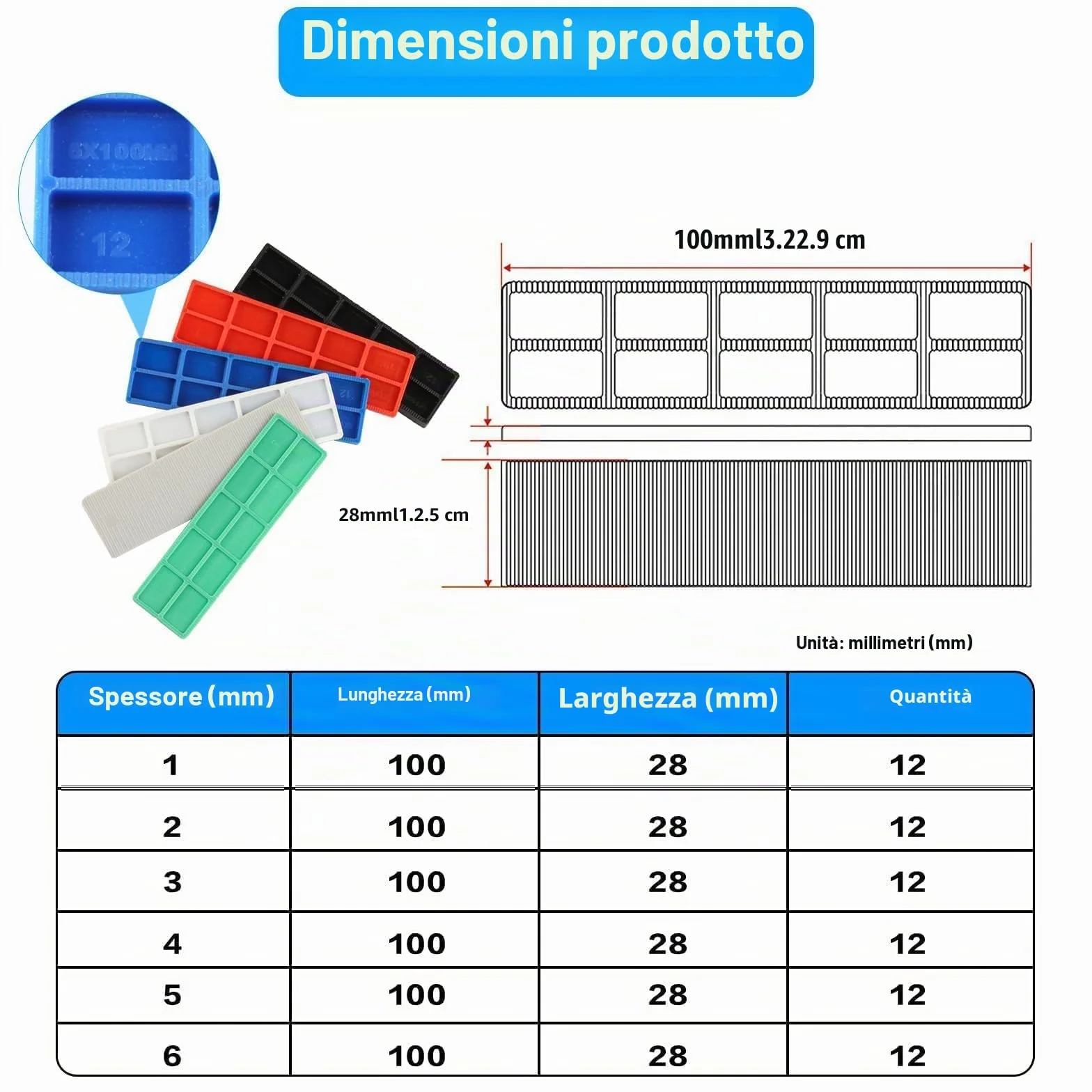 72 Pz Distanziatori in Plastica, Spessori in Plastica, Distanziatori Cunei per Piastrelle, Blocchi Distanziatori Piatti, Distanziatori per Piastrelle Vetri Finestre e Porta(6 Misure)