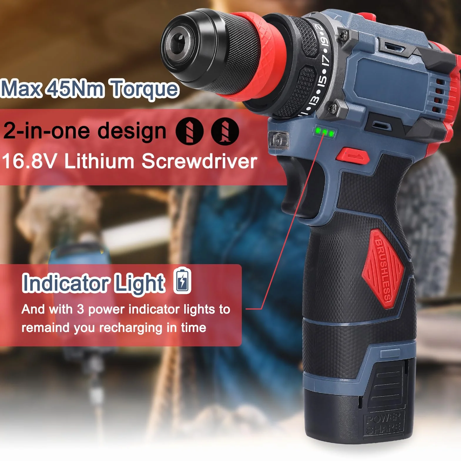 Trapano Avvitatore Batteria 21V, Weytoll 2 in 1Trapano avvitatore elettrico a batteria Motore brushless con coppia di 55 Nm