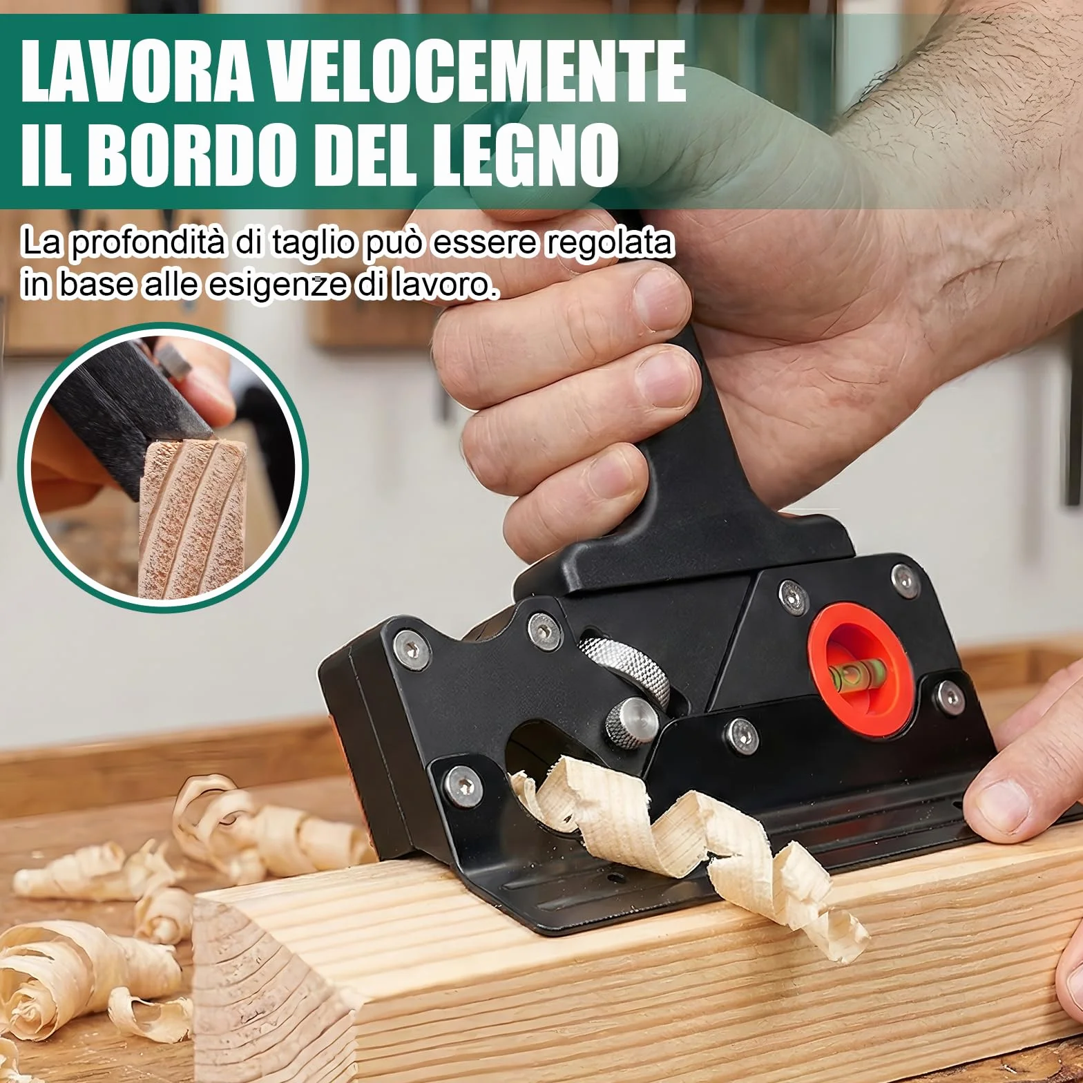 HYCHIKA Pialla per Legno con 4 lame (45°/3/5/6mm), Pialletto a Mano per Legno. Impugnatura Ergonomica, Livella a Bolla, Pialla Manuale per Legno per Falegnami e Carpentieri