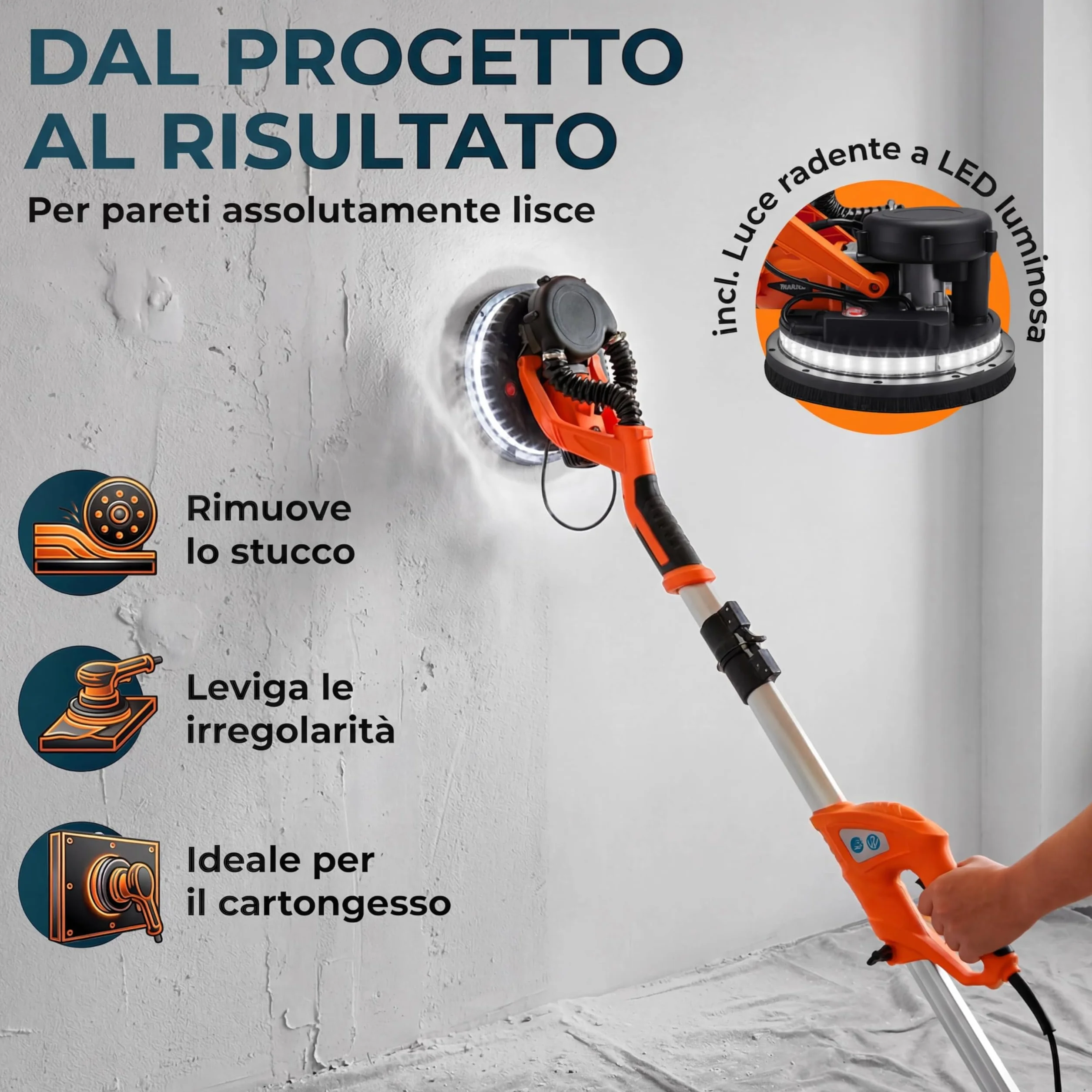MONZANA Levigatrice Muro 750W Telescopica Cartongesso Giraffa 12 Dischi Abrasivi