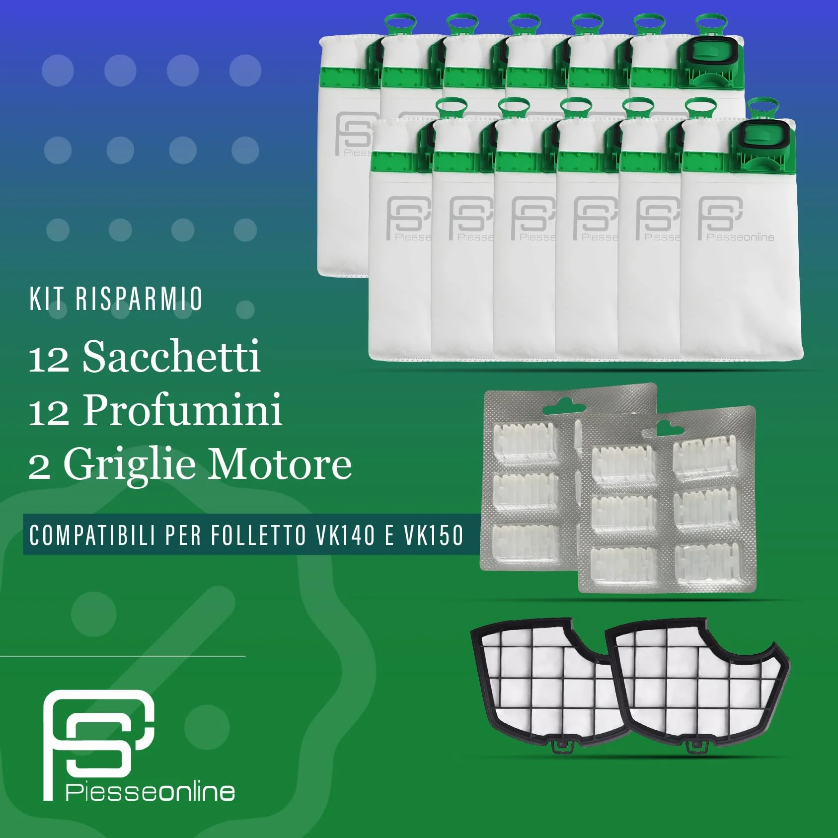 Kit Risparmio 12 Sacchetti Folletto VK140 con Profumatori 12 pezzi, 2 Filtri Griglia Motore, Ricambi Compatibili per Folletto VK140