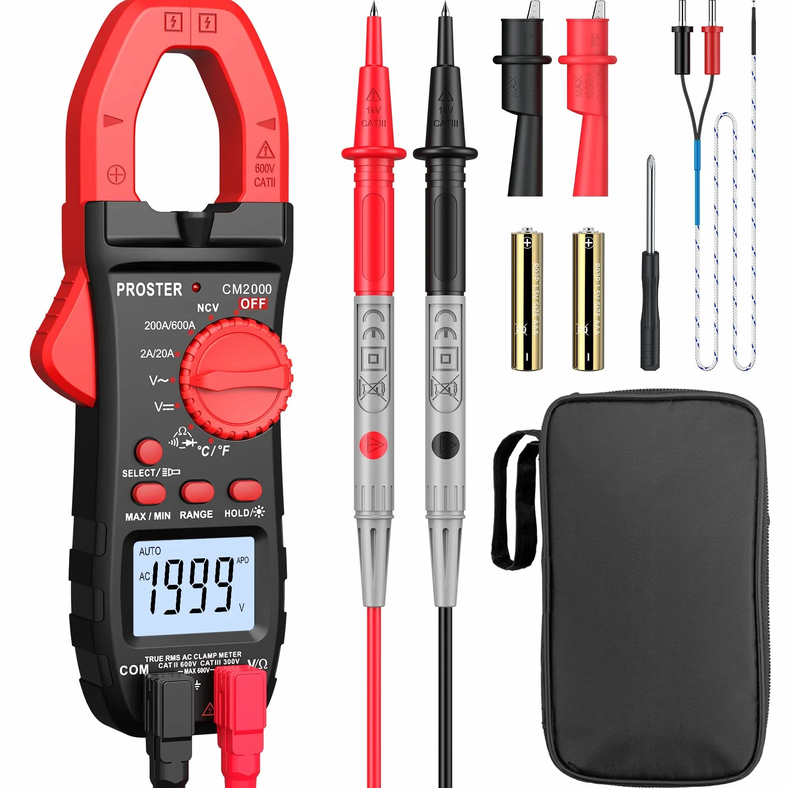Proster Pinza Amperometrica 2000 Count TRMS 600A Multimetro Digitale con Retroilluminazione e Luce Test Temperatura AC Corrente AC/DC Tensione NCV Diodo Resistenza Continuità