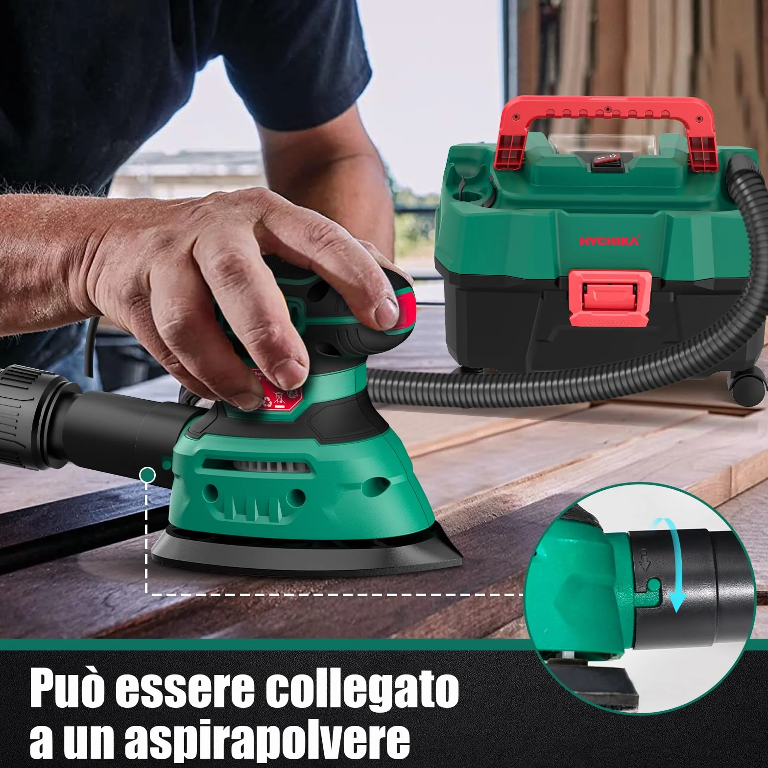 HYCHIKA Levigatrice per Legno 140W 13000 OPM con Raccolta Polvere Carta Vetrata 12PCS