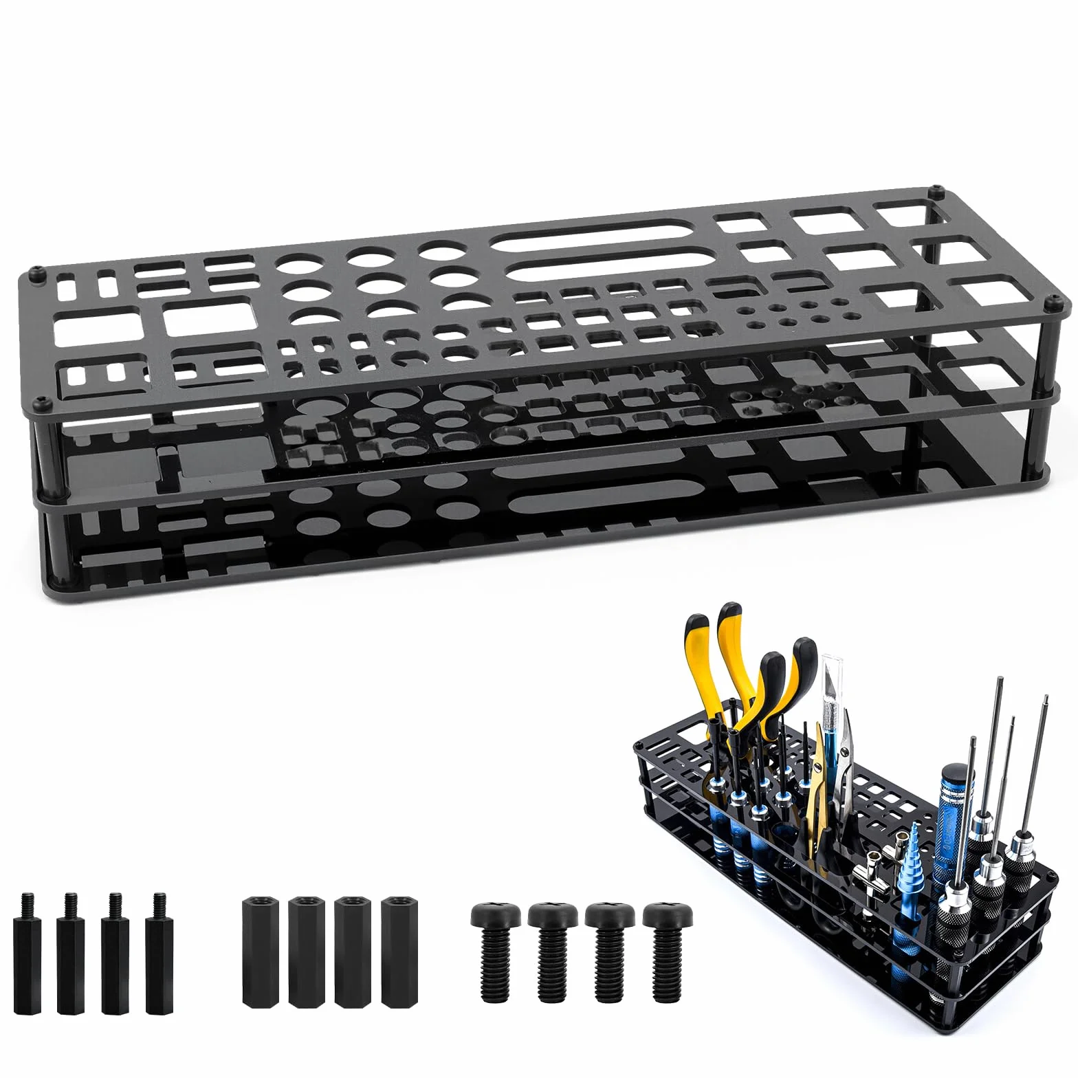 Porta Cacciaviti con 63 Fori, Supporto per Utensili, Porta Pinze, Organizzatore Multifunzione per Officine, Garage e Banchi di Lavoro, Nero