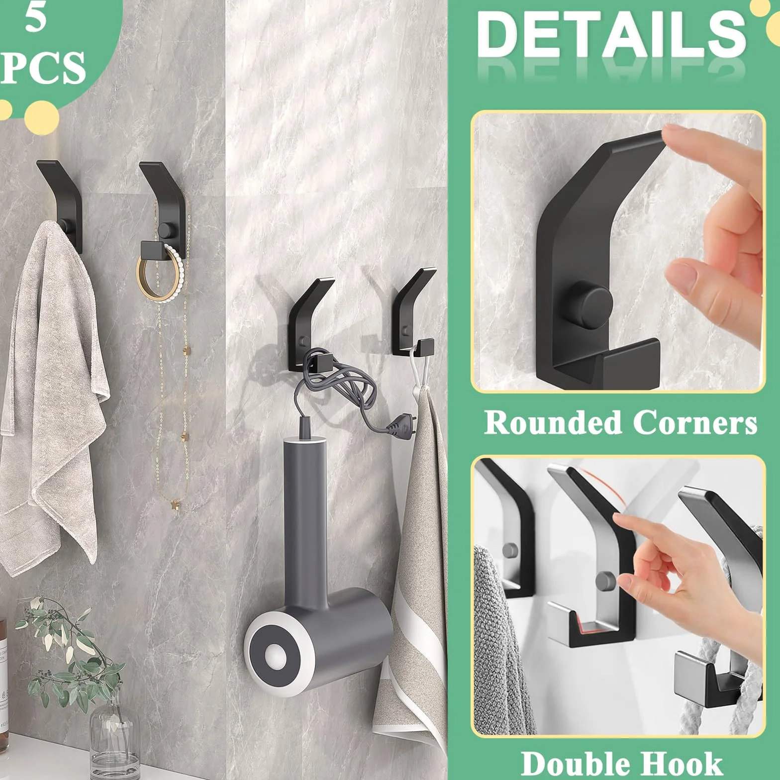 Doppio Ganci Appendiabiti, 5 Pezzi da Parete con Viti, Nero in Metallo, per Bagno, Cucina, Ufficio, Camera da Letto
