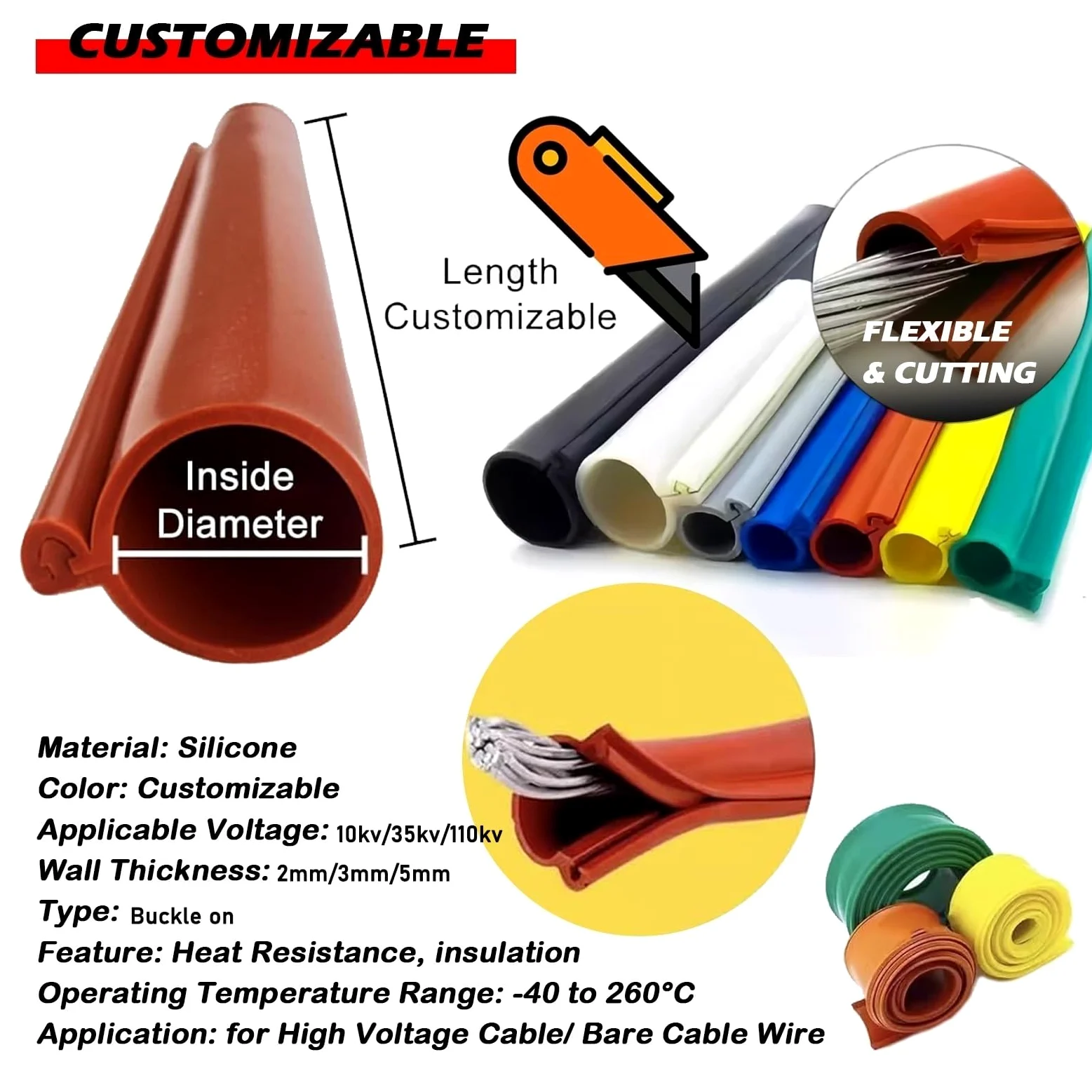 Protezione per Cavi, Guaina Protettiva in Silicone ad Alta Tensione - Copertura Isolante Anti-Shock Elettrico per Cavi Aerei, Adatta a 10 KV, 35 KV, 110 KV (Rosso, Diametro Interno 20 mm/0,7