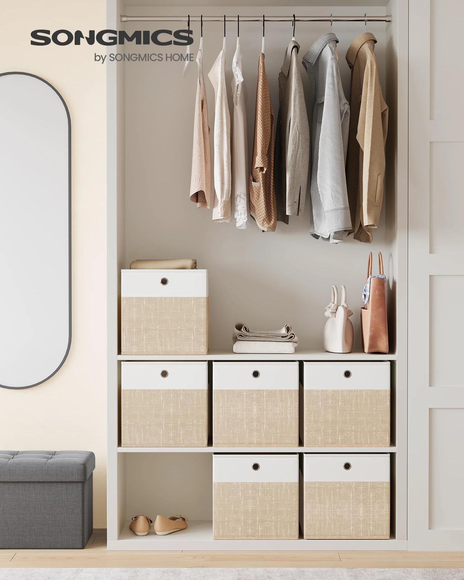 SONGMICS Scatole Portaoggetti Set di 6 Contenitori in Tessuto Pieghevoli 30x30x30 cm Bianco Nuvola Beige Sabbia