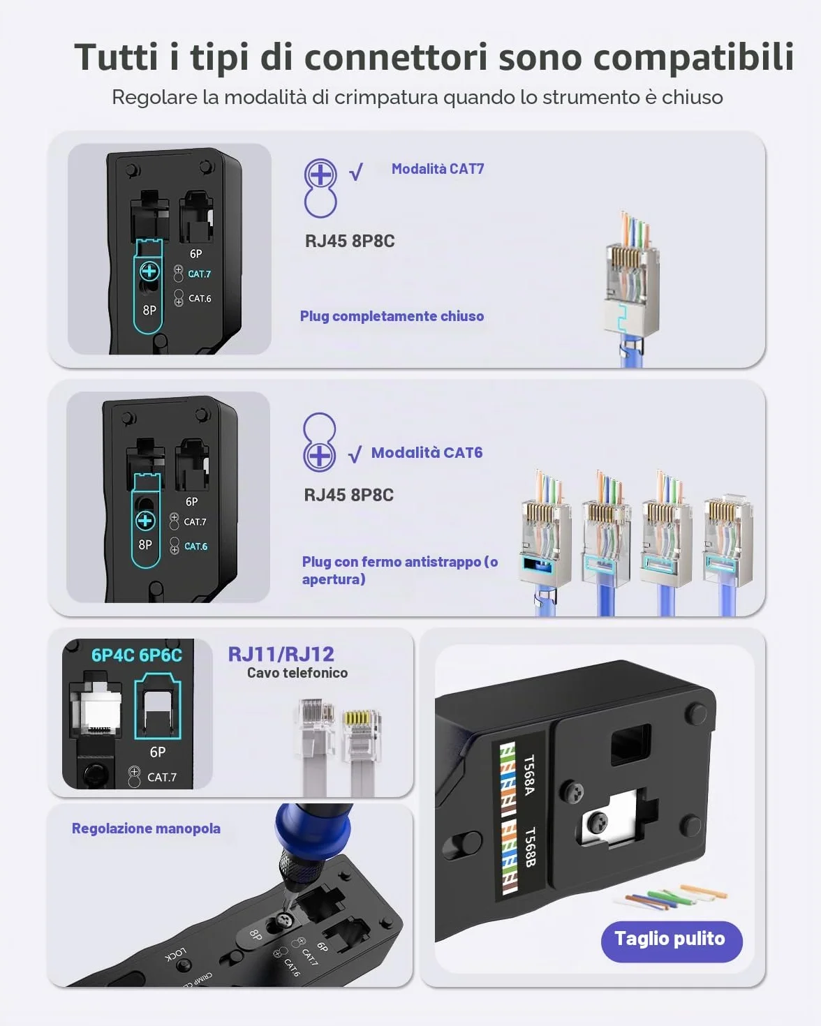 VCELINK GJ671BL Pinza Crimpatrice RJ45 Passante Multifunzione, Professionale per Connettori RJ45/RJ12/RJ11, Compatibile con Cavi Cat5-Cat7