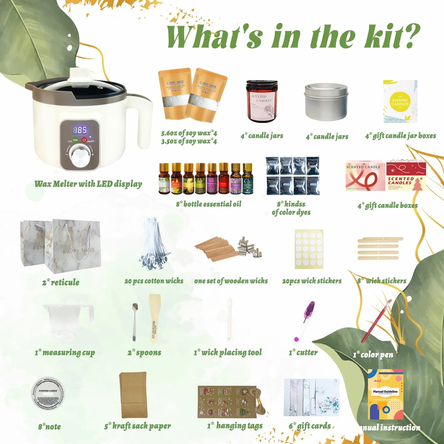 LINGQIAN Kit fabbricazione candele con fusore digitale di cera, Kit Candele Fai Da Te con Cera di Soia, 8 barattoli di candela, 8 oli profumati, set di candele per artigianato fai da te
