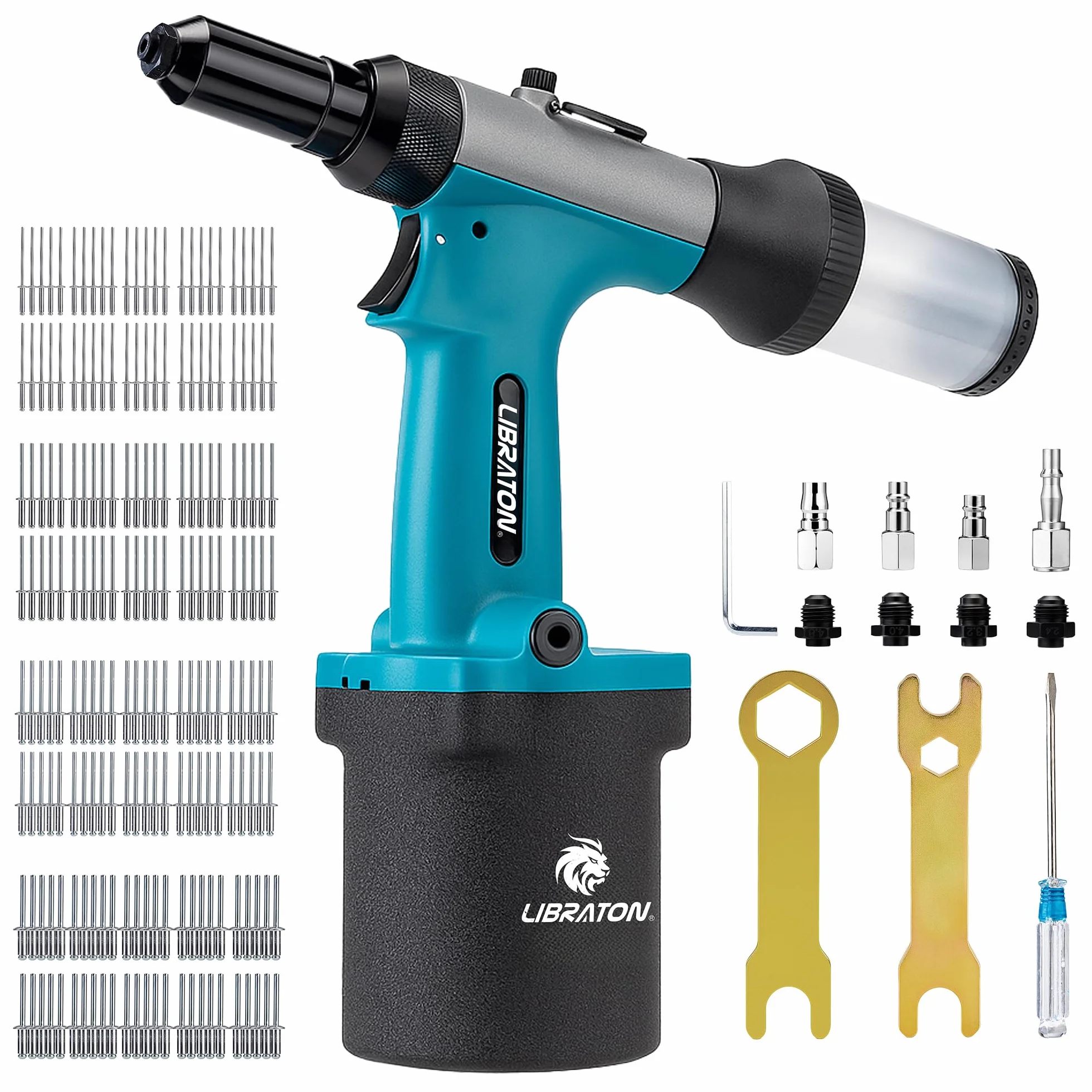 LIBRATON Kit rivettatrice pneumatica, rivettatrice pneumatica per impieghi gravosi Gu 2,4 mm 3,2 mm 4 mm 4,8 mm con rivetto 200c, strumento di riparazione automatica professionale, Suctio Design