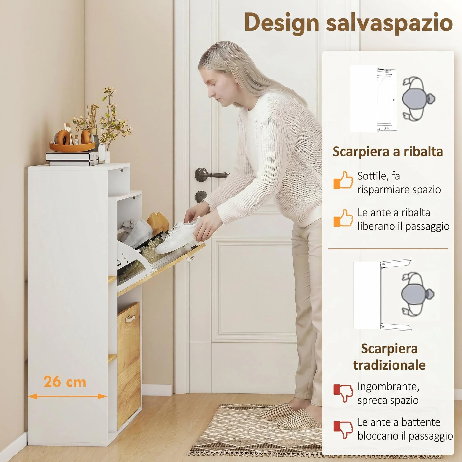 HOMCOM Scarpiera Salvaspazio Slim con 2 Ante a Ribalta, Scarpiera Ingresso con Ripiani Regolabili, 3 Ripiani Aperti, Porta Scarpe per 8 Paia in Legno con Maniglia, 80x26x90 cm, Bianco e Legno Naturale