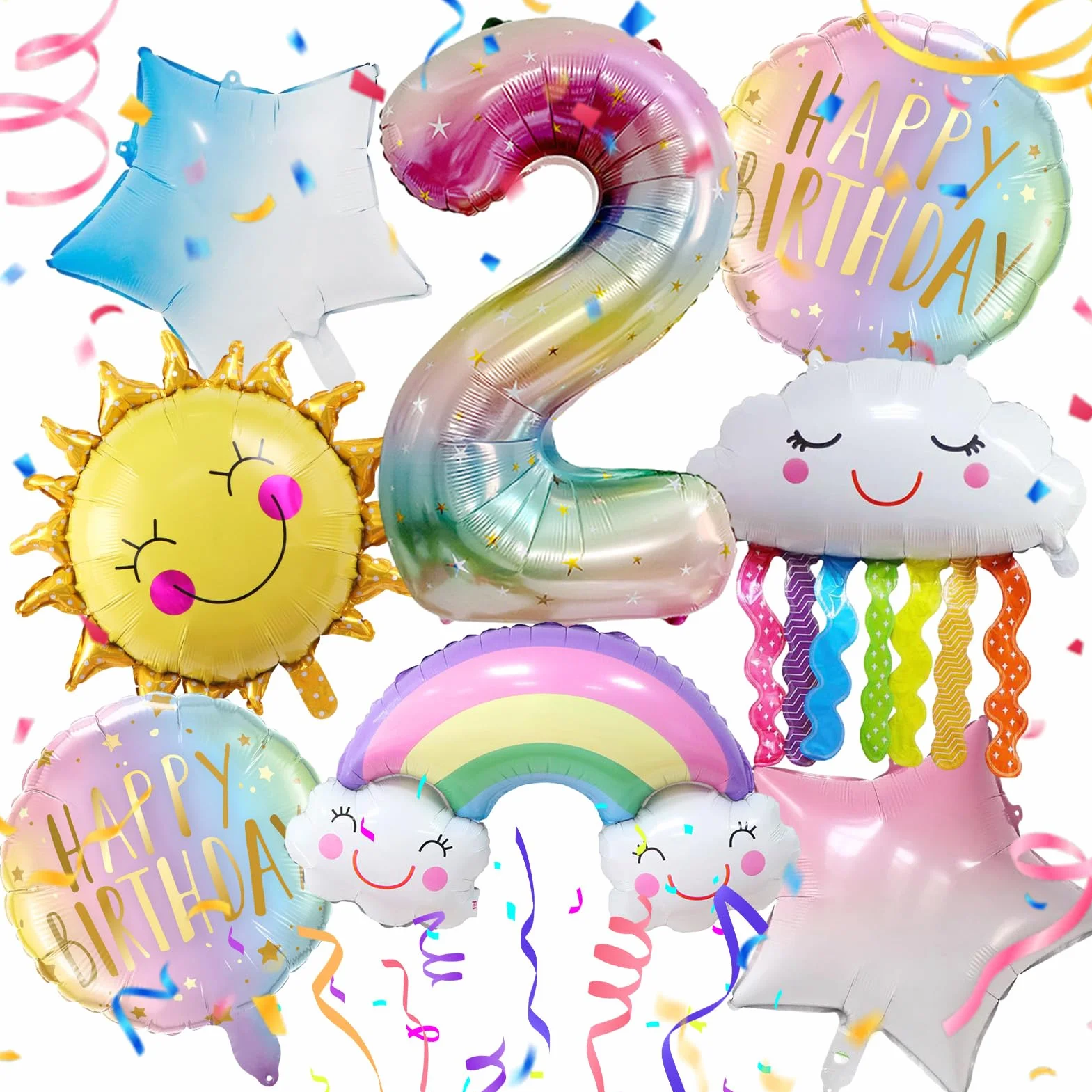 Palloncini Arcobaleno 2 Anni 8 Pezzi, Palloncino Foil Compleanno Bambina