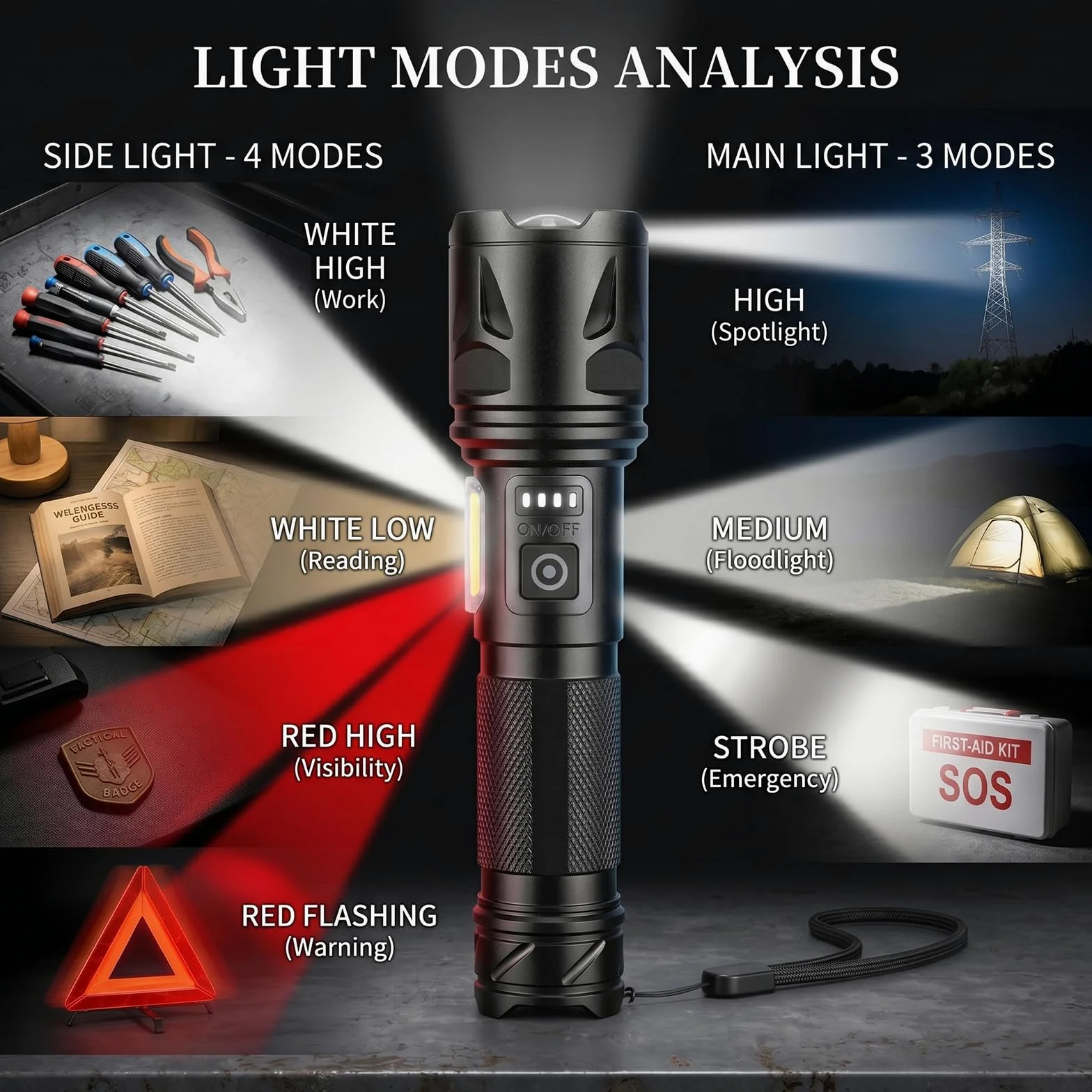 Confezione da 3 torce a LED ricaricabili, 99.000 lumen, super luminose, per campeggio ed emergenze, 7 modalità e messa a fuoco regolabile con luce laterale COB, potente torcia portatile per