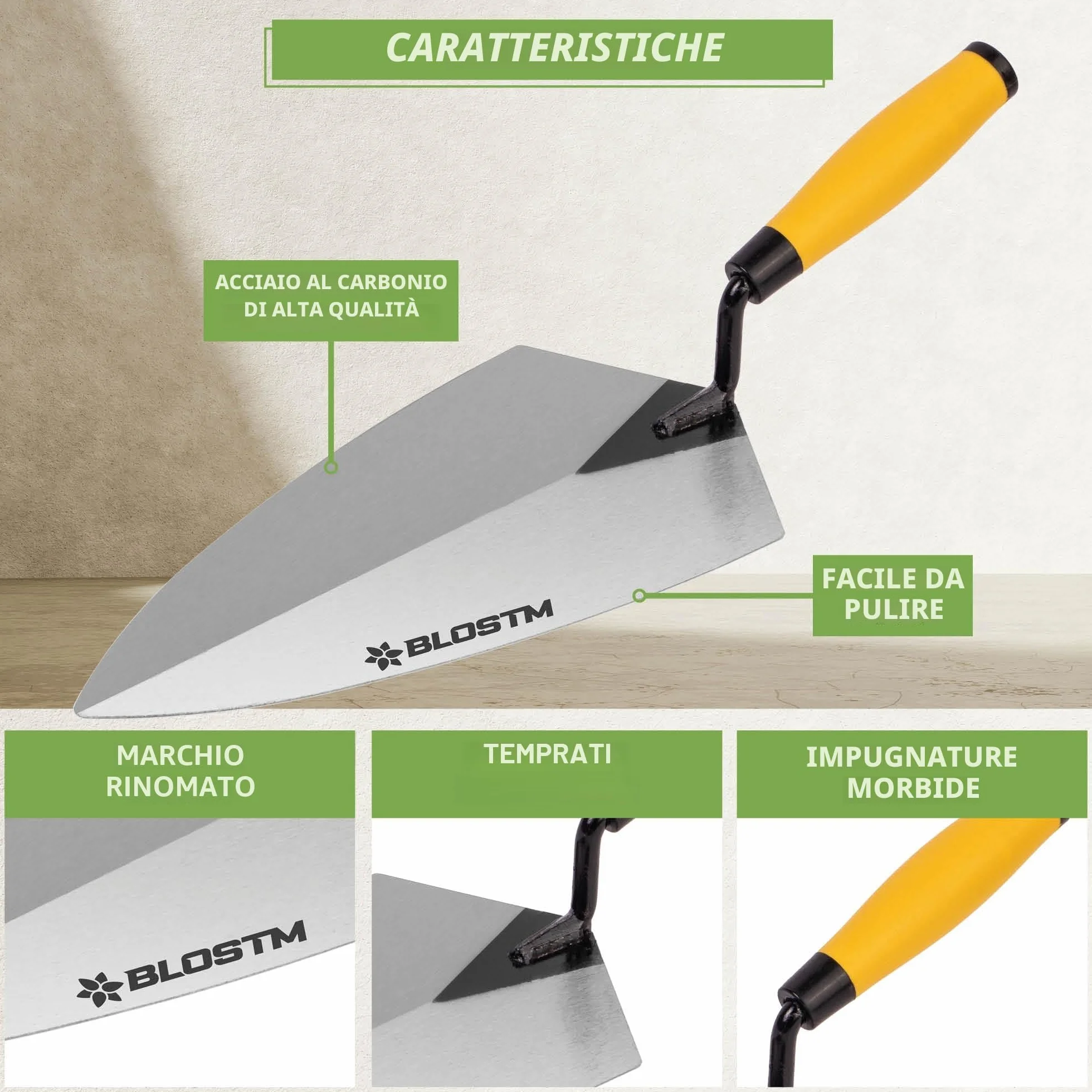 BLOSTM Set di 5 cazzuole per mattoni, cazzuola, cazzuola per misurazione, cazzuola per mattoni, cazzuola per intonacatura – realizzato in resistente acciaio al carbonio – (5 pezzi)
