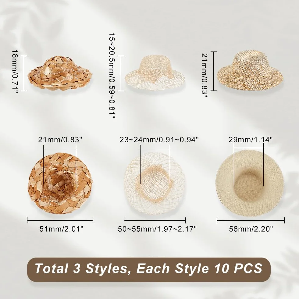 AHANDMAKER 30 mini cappelli di paglia per bricolage, cappelli di paglia per bambole, ornamenti, cappelli di paglia per bambole, tappi in tessuto per decorazioni di abbigliamento, accessori per