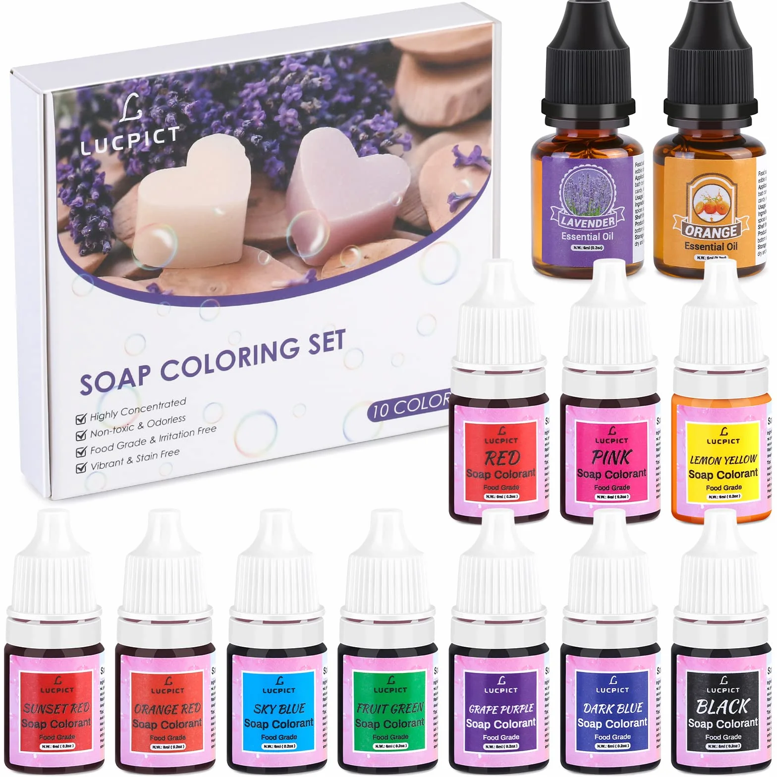 Colorante per Sapone, 10 Colori Colorante di Bombe da Bagno per Produzione di Sapone con 2 Oli Essenziali, Coloranti per Saponi Liquido per Artigianato fai da te, Soaps, Melma, Argilla