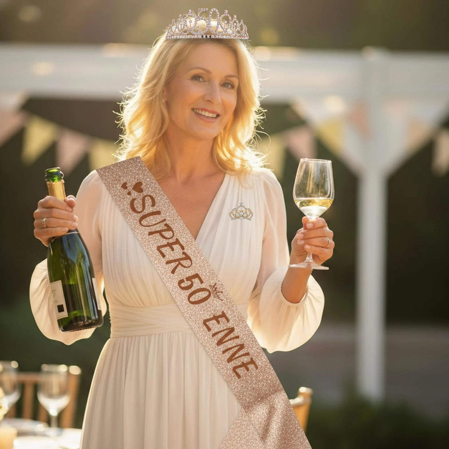 NEONSKY Fascia Compleanno Donna con Corona e Spilla Mini Corona, Set Regalo Elegante per 18 21 30 40 50 60 70 80 Anni, Include Fascia Personalizzata, Corona, Biglietto con Busta Kraft (50 anni)