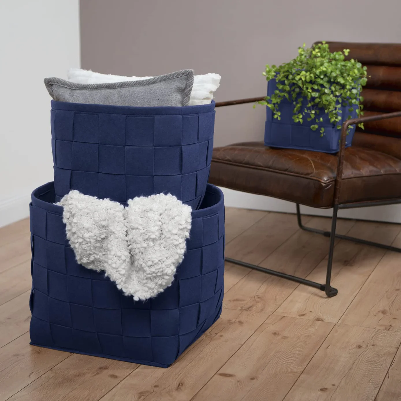 Cesta in feltro 24x24x24 cm pieghevole per legna da camino e riviste Blu scuro