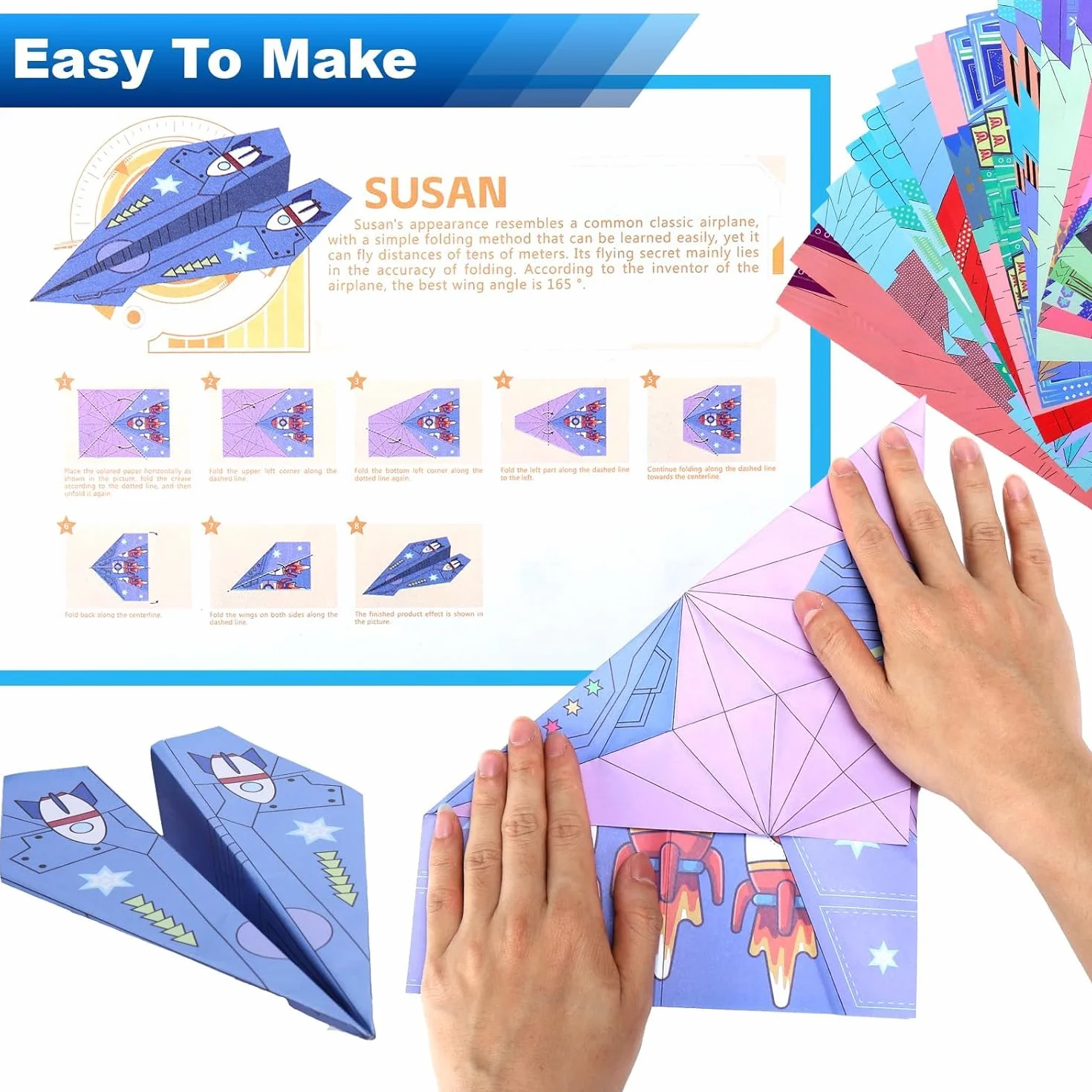Carta Origami per Bambini, Kit aeroplanino di carta 32 Fogli Aerei di Carta da Piegare e Lanciare Doppia Faccia Fogli Colorati di 16 Bellissimi per Ragazzi e Ragazze dai 5,6 ai 12 Anni