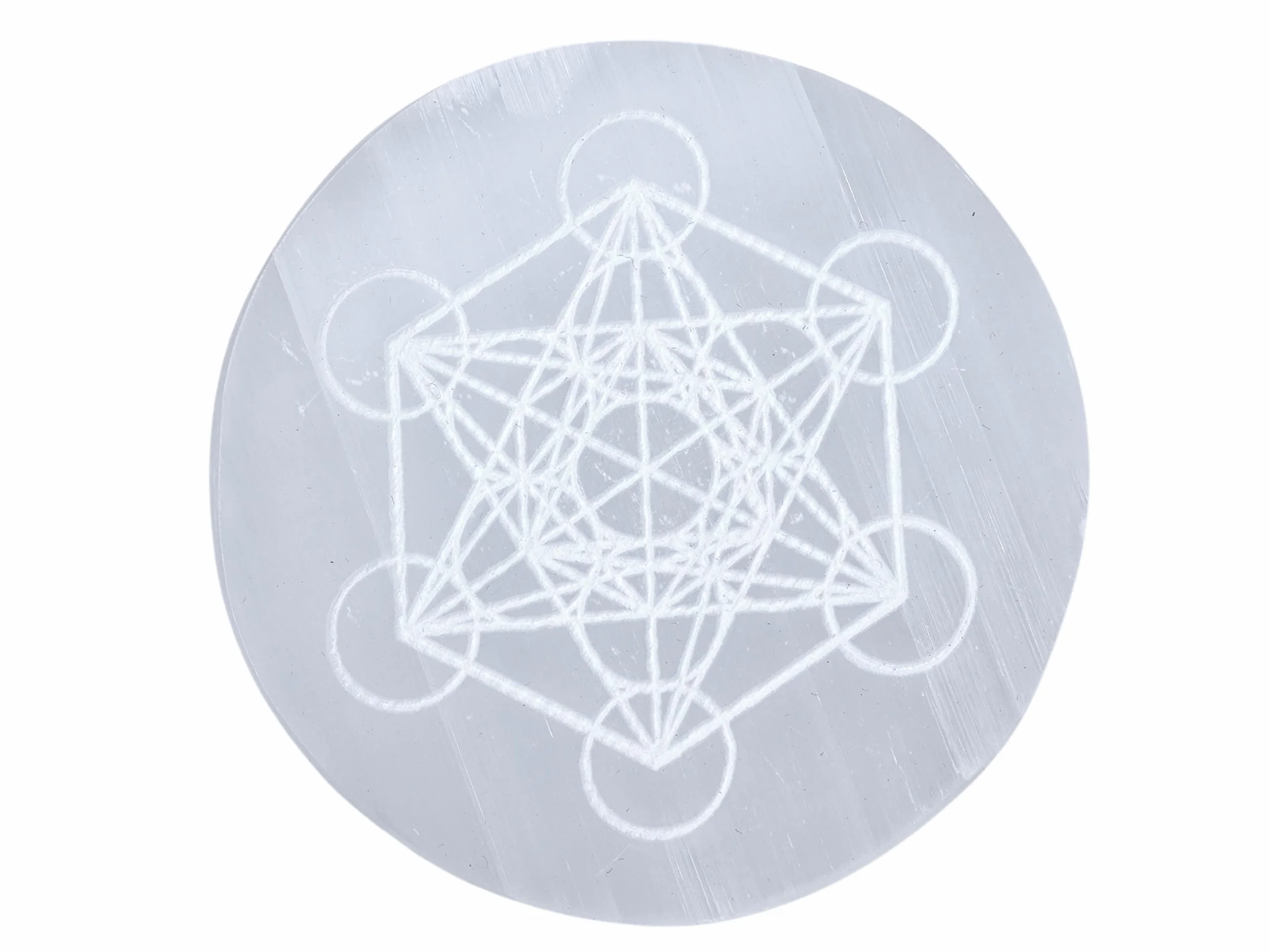 Piastra di ricarica in cristallo di selenite con cubo di Metatron inciso 4,3" per cristalli e pietre curative