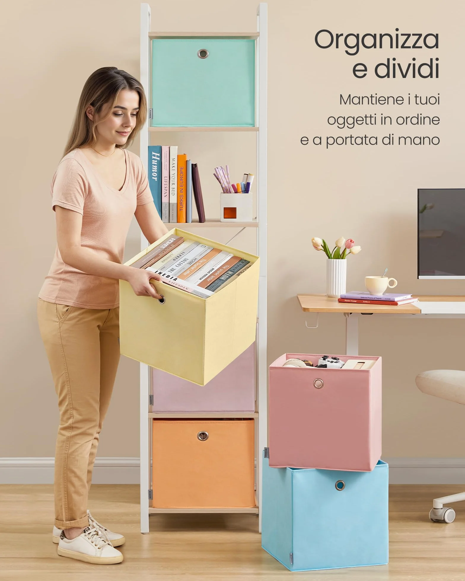 SONGMICS Set di 6 Contenitori in Tessuto Pieghevoli 33x33x33 cm per Armadi a Cubo Organizer Colorati