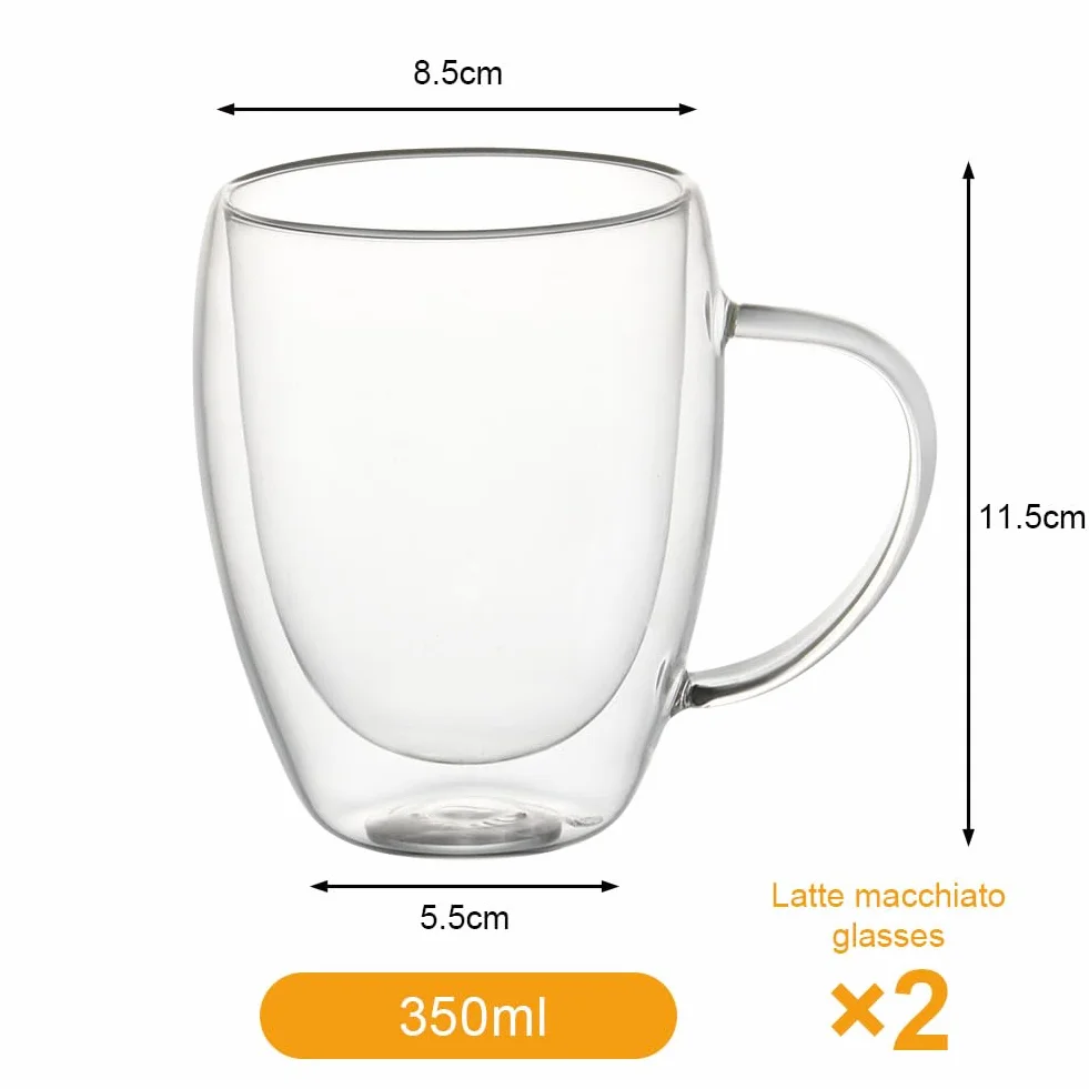 Vicloon Tazza Caffè Doppio Vetro Borosilicato 350 ml, Bicchieri Espresso Doppia Parete con Manico per Caffè, Tè, Latte