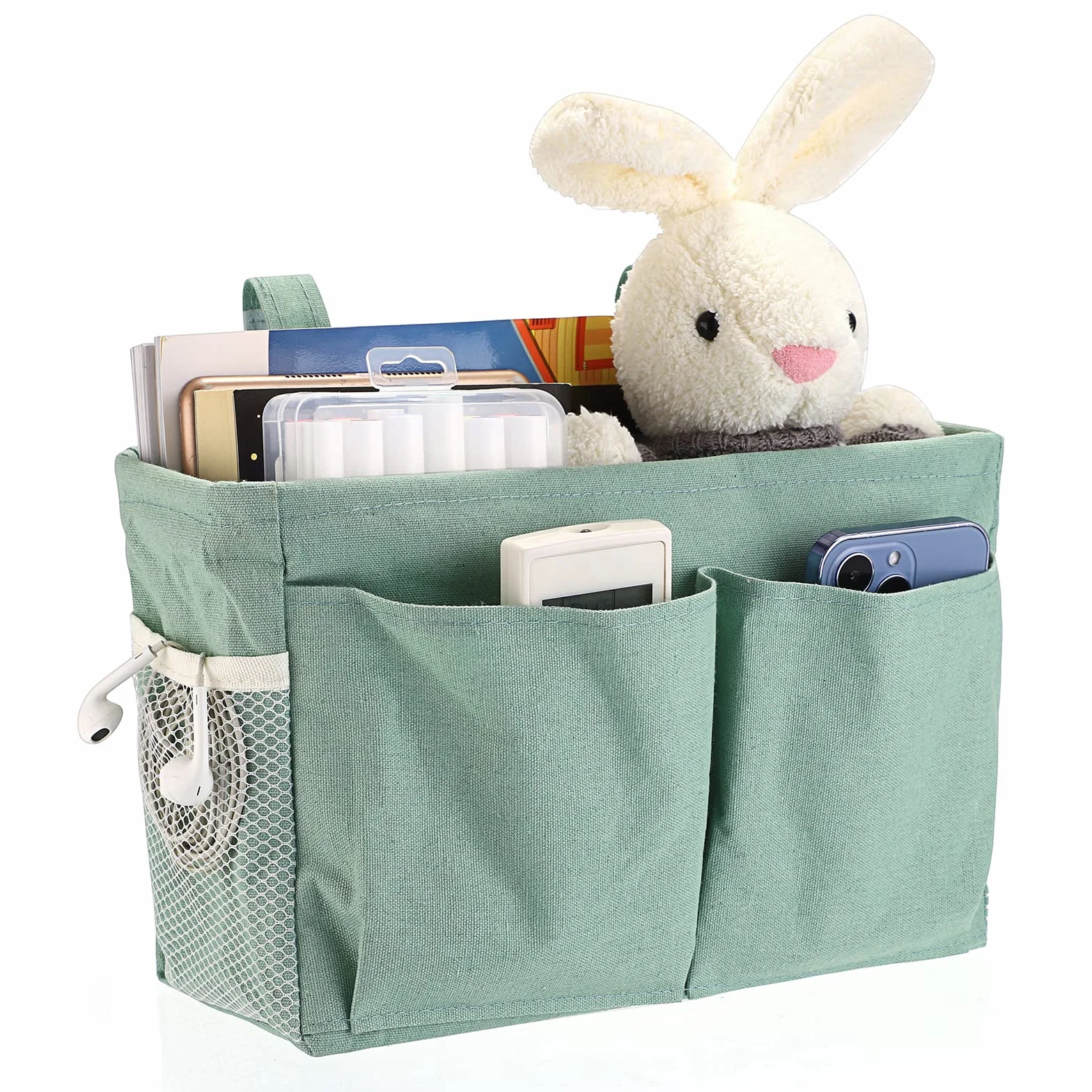 IGNPION Cestini portaoggetti da appendere al comodino in tela, tasche regolabili, organizer multiuso, verde