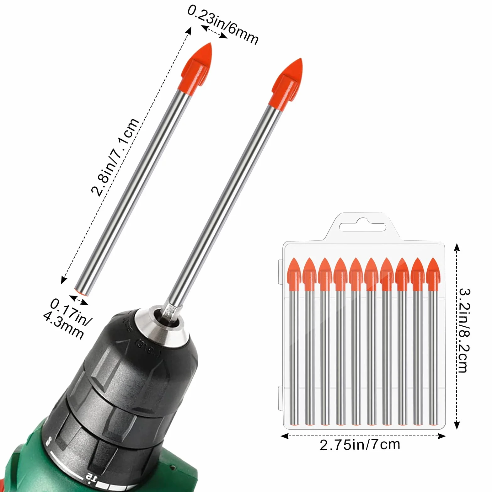 10 Pezzi Punta per Vetro, 6 MM Punta a Triangolo per Ceramica, Cemento, Mattoni, Granito - Materiale in Acciaio al Tungsteno e Ceramica per Legno