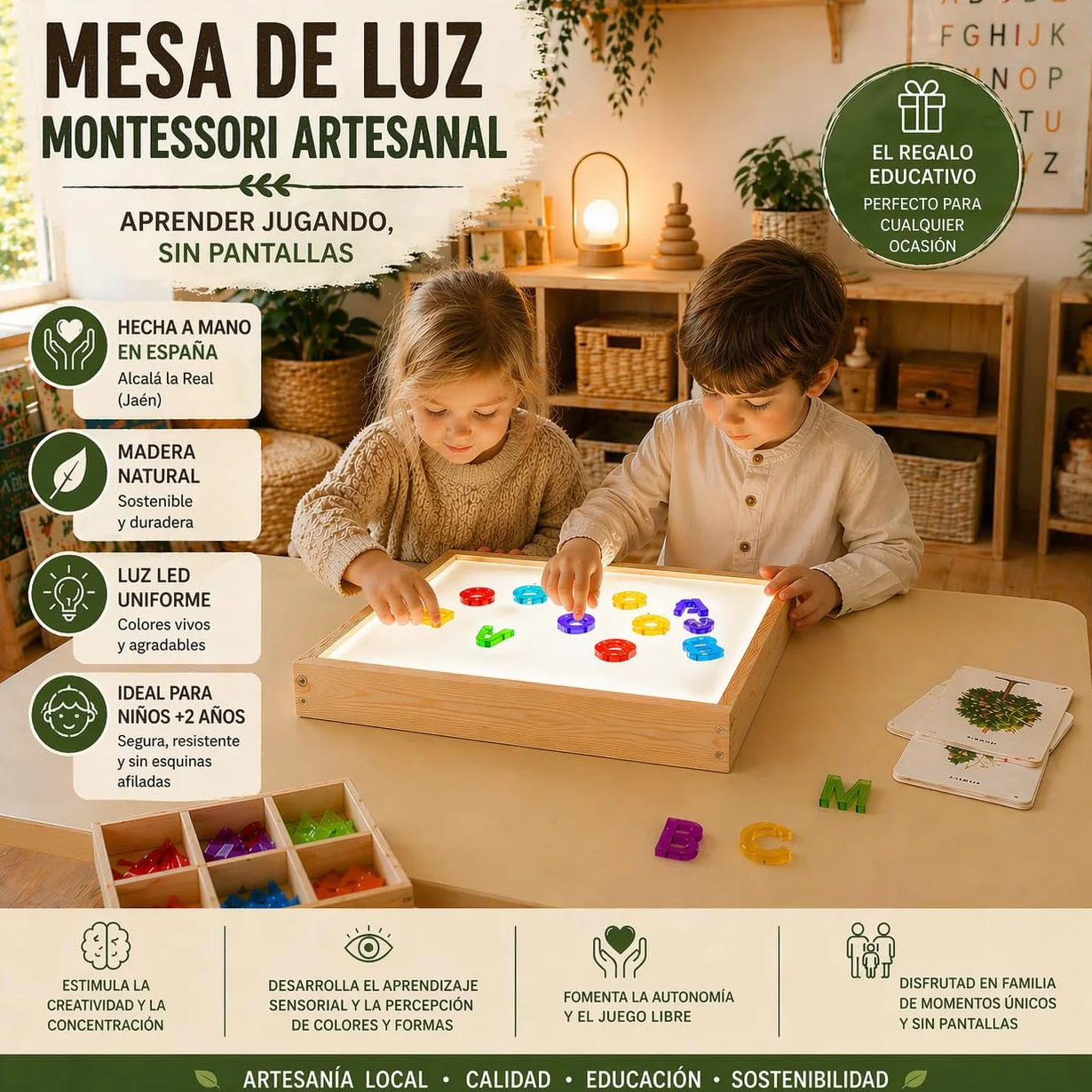Tavolo luminoso Montessori artigianale, 60 x 40 cm, giocattolo educativo in legno fatto a mano in Spagna, luce LED uniforme per l'apprendimento sensoriale dei bambini