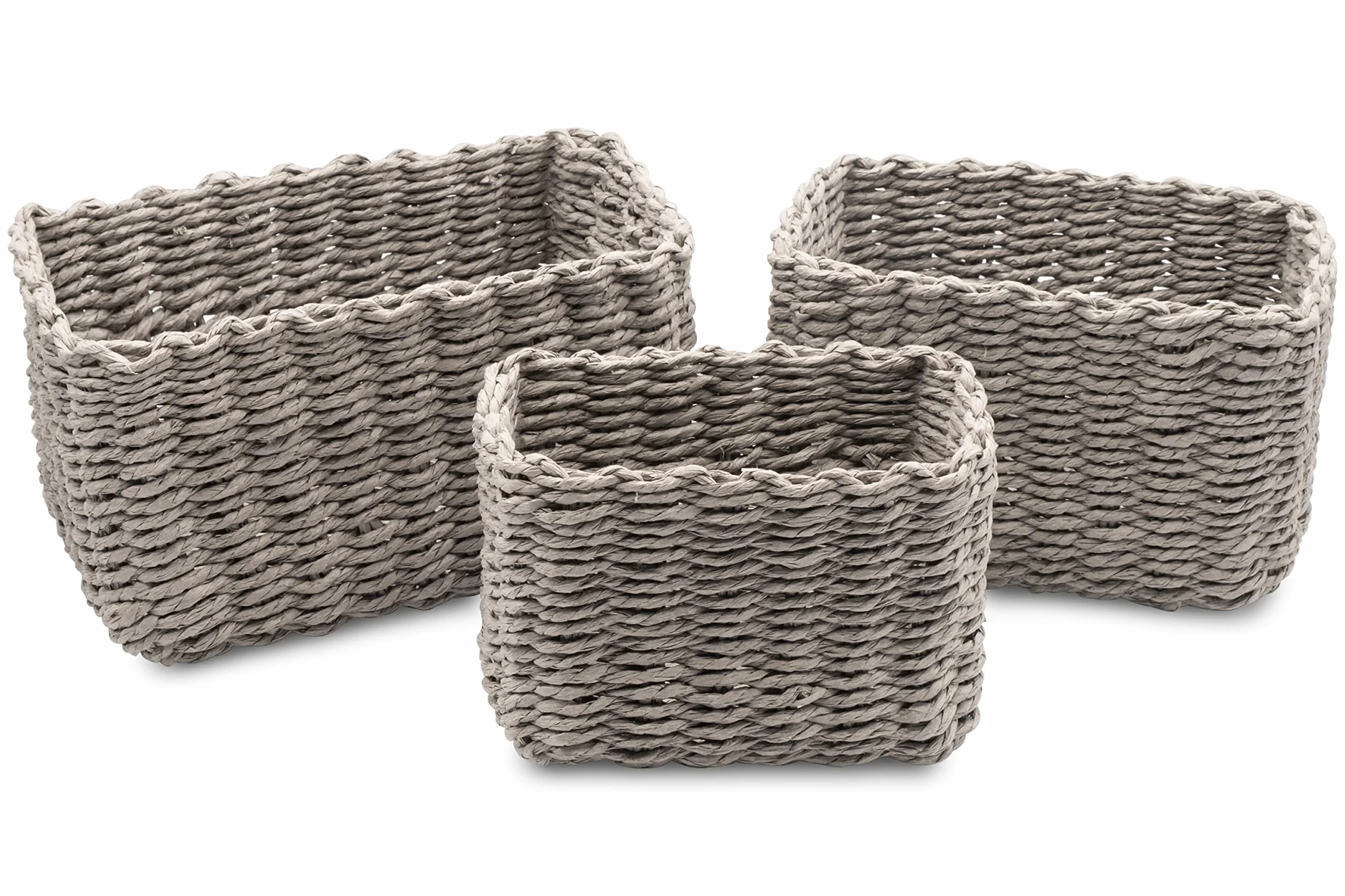 Set da 3 Cestini Portaoggetti, Porta Oggetti per il Bagno Salvaspazio, Cestino Organizer in Carta EcoFriendly, Cestini Intrecciati e Impilabili 22x14x13 cm Grigio I