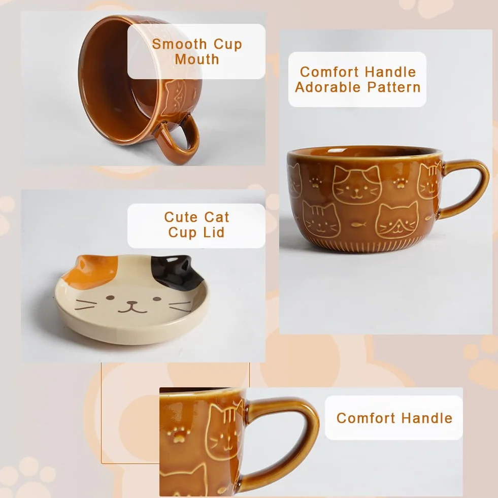 HOTUT Tazza Gatto Caffe Set Ceramica Kawaii, Set di Tazze da Caffè con Coperchi