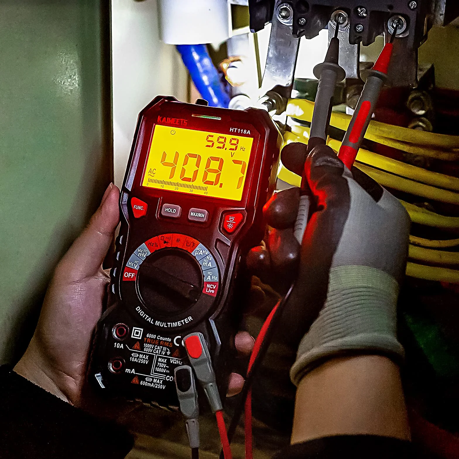 Multimetro digitale professionale automatico, TRMS 6000 Conti (prompt jack LED), Tester Elettrico, Tensione / Corrente / Resistenza / Capacità / Temperatura / Frequenza - KAIWEETS
