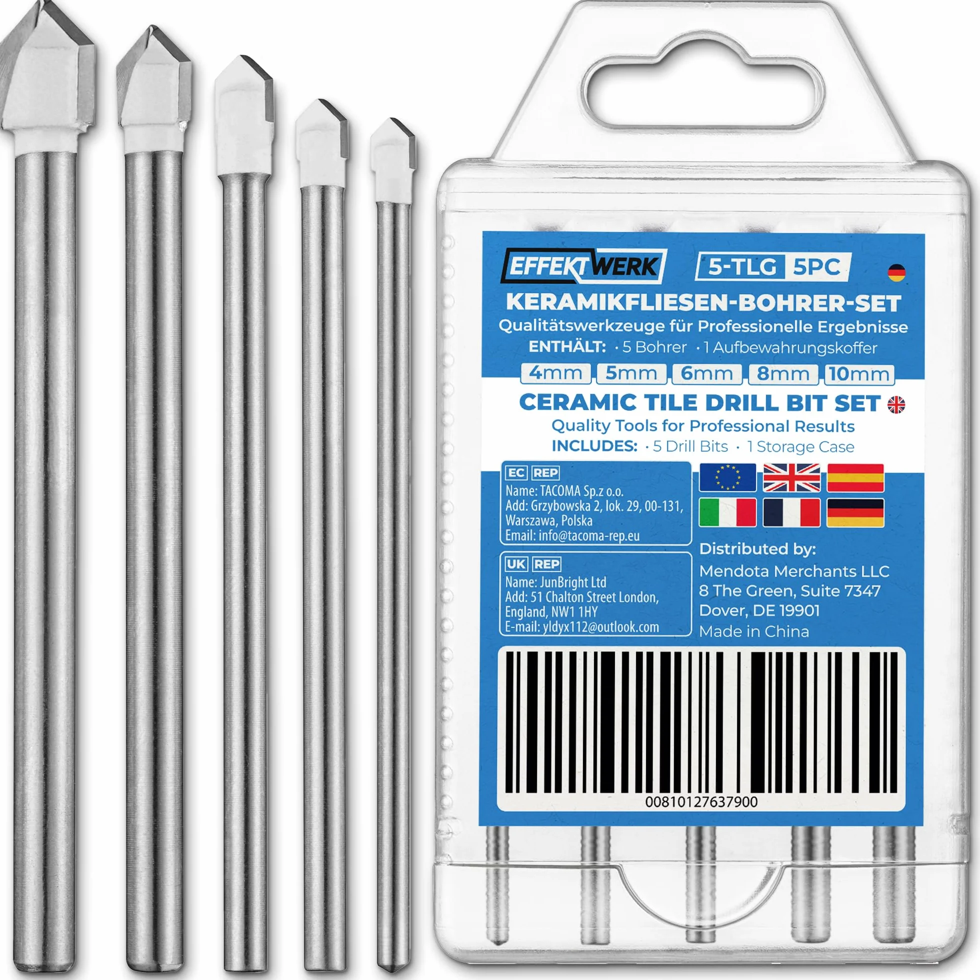 Set di 5 punte per trapano per piastrelle in ceramica - 4/5/6/8/10 mm - Punta in carburo di tungsteno per ceramica, cemento morbido, mattoni, piastrelle e porcellana