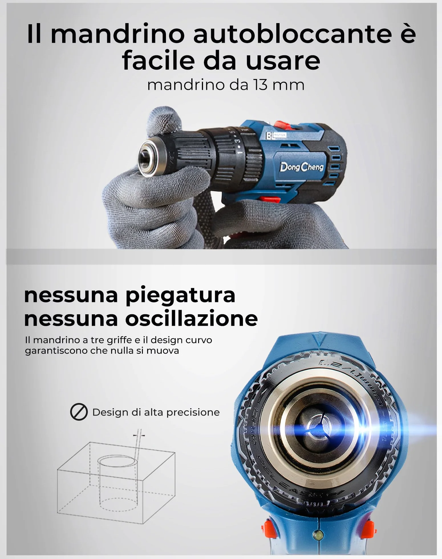 DongCheng trapano percussione a batteria 20V 50 Nm, trapano avvitatore batteria con 2 Batteries 2,0Ah, motore brushless, 20+1+1 Coppie, 2 velocità, mandrino 13 mm,19 Accessori
