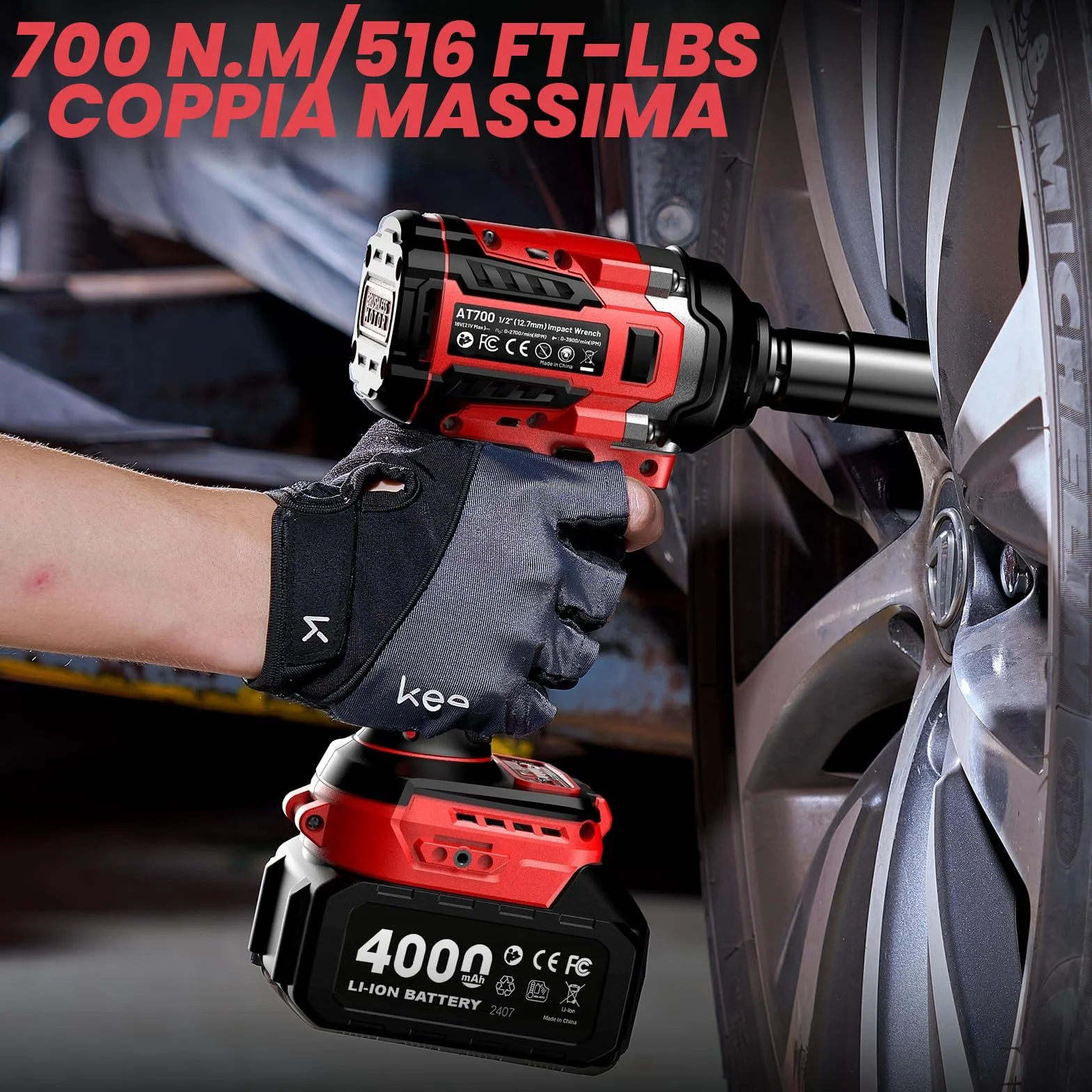 Avvitatore a Impulsi Brushless 1/2" 700N.m Elevata Avvitatori a Massa Battente con 2x 4000mAh Batteria, 5 Bussole, 4 Punte, 4 Viti, Trapano a Impulsi Brushless per Auto Casa