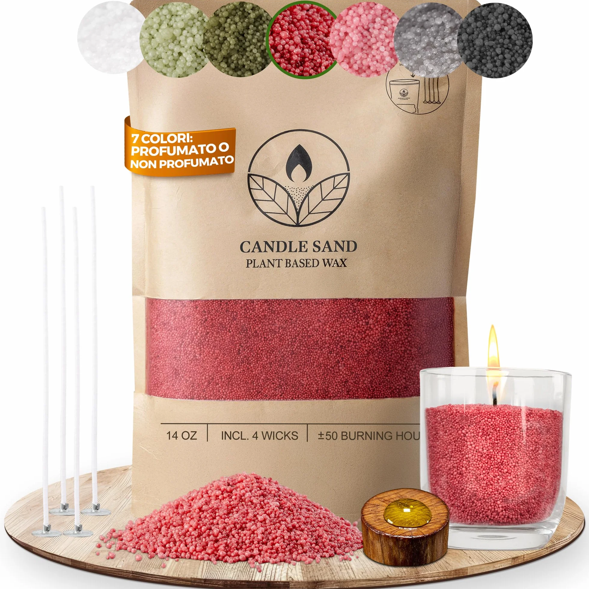 comforder Sabbia per candela con profumo e stoppino, aroma, granulato di cera per candele, set fai da te, 400 g, granuli, 4 stoppini per candele (marrone rosso, ambra)