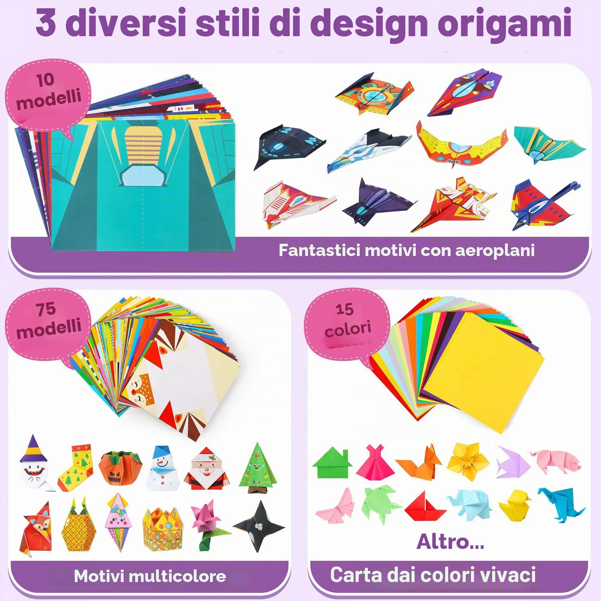 Mocoosy Kit di 320 fogli per origami per bambini dai 5 agli 8 anni e dai 9 ai 12 anni, set di aerei di carta, insieme di carta pieghevole colorata con libro di origami, arte e artigianato per ragazzi