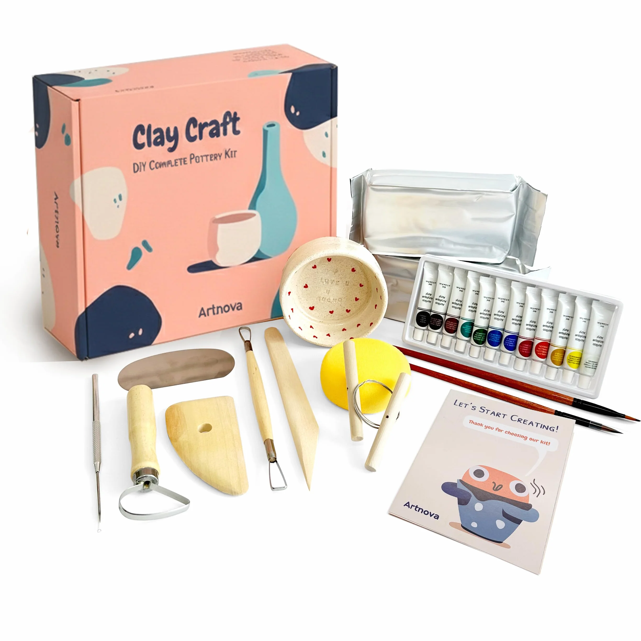 Kit completo di ceramica: strumenti per modellare, colori acrilici e guida rapida per intrattenimento creativo in famiglia fai da te con argilla