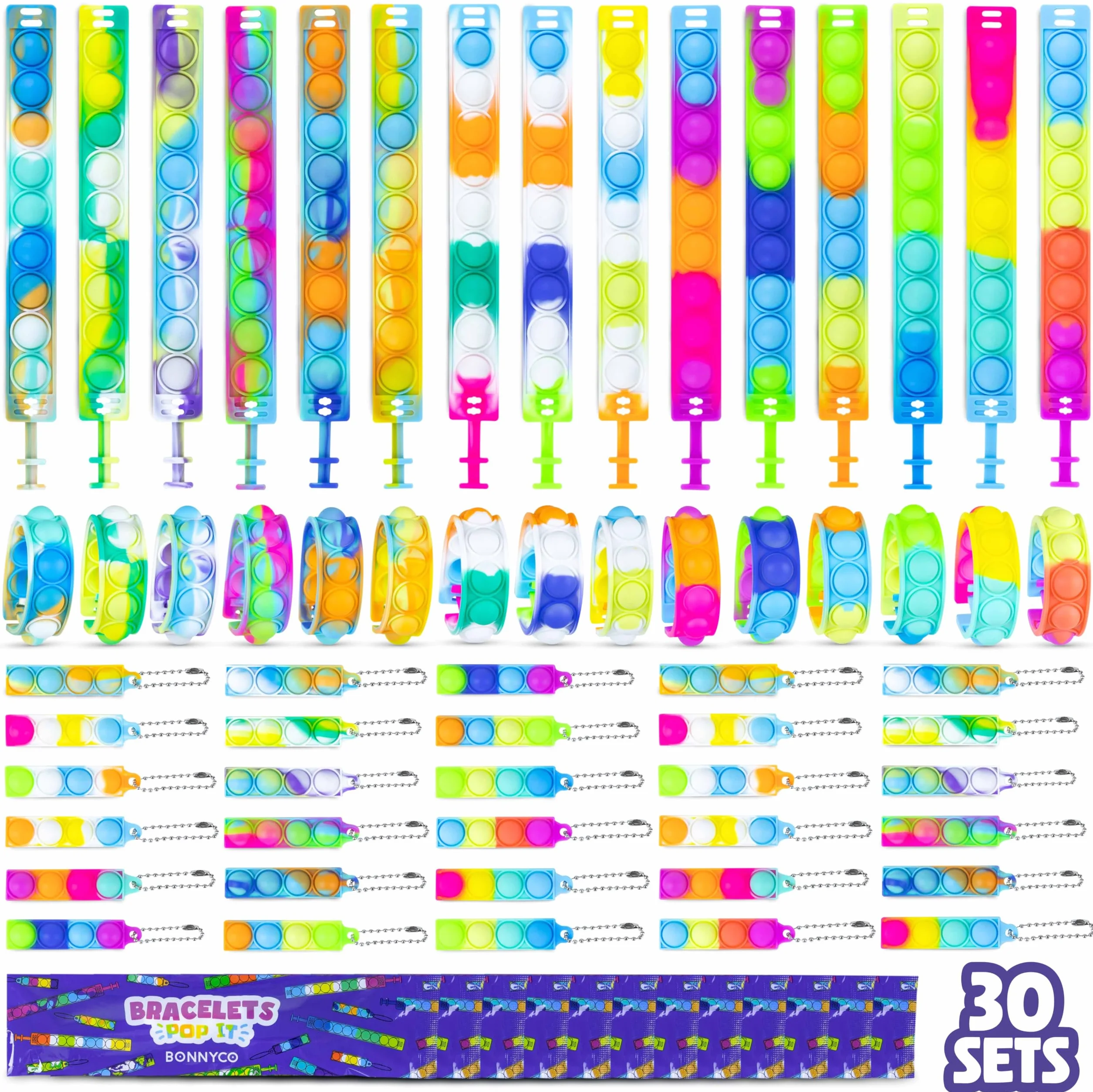 BONNYCO Braccialetti e Portachiavi Pop It, 30 Pezzi Regalini Fine Festa Bambini Fidget Toys