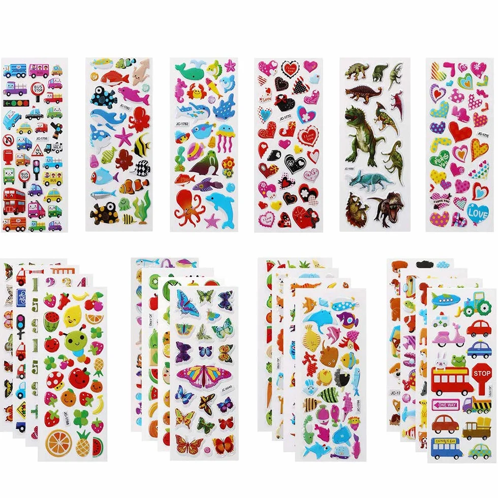 Vicloon Adesivi 3D, 22 fogli di varietà di adesivi gonfi, oltre 550 adesivi, per feste, regali gratificanti, scrapbooking, inclusi animali, pesci, dinosauri