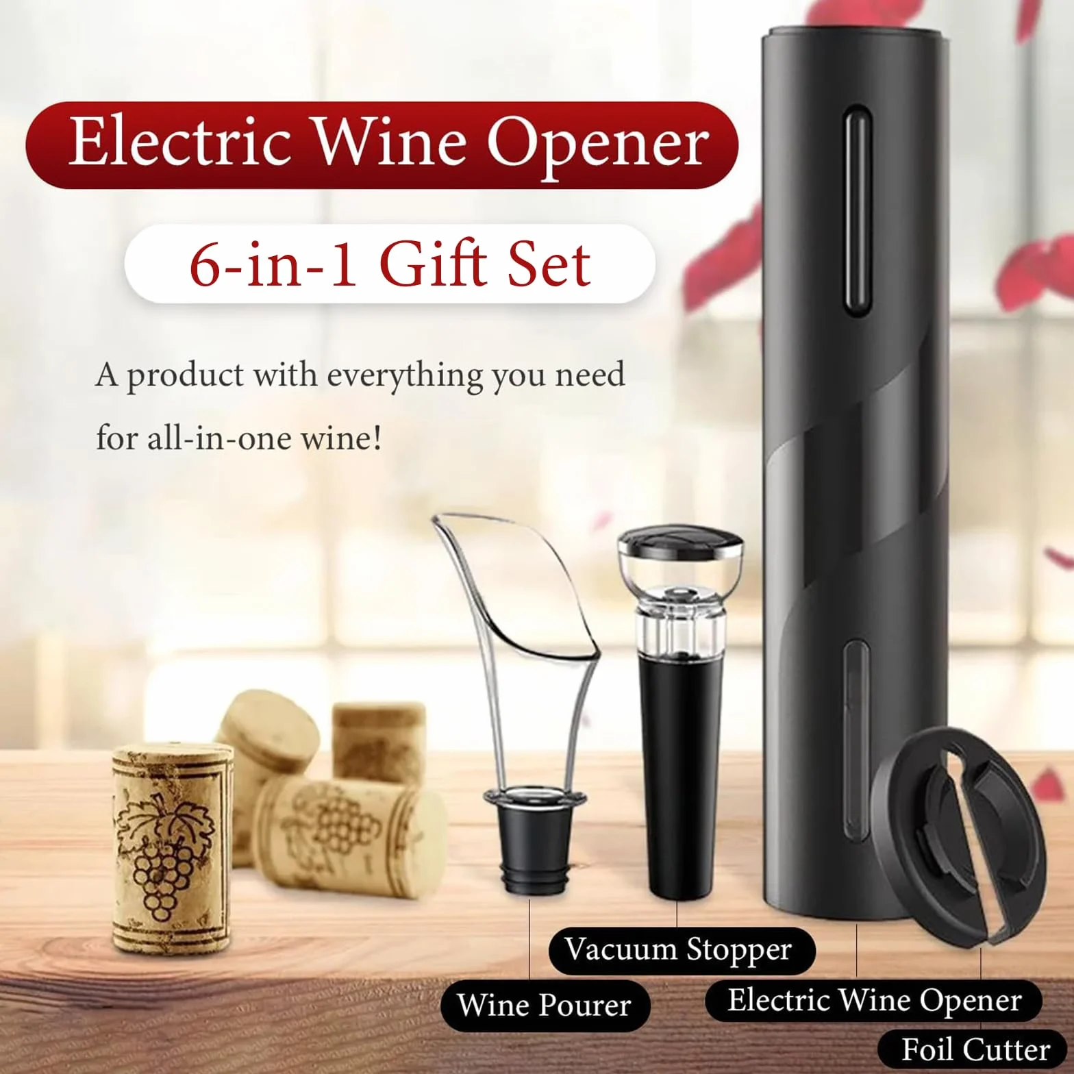 Cavatappi Elettrico Vino 6 in 1 Ricaricabile USB Apribottiglie con Taglia Capsula
