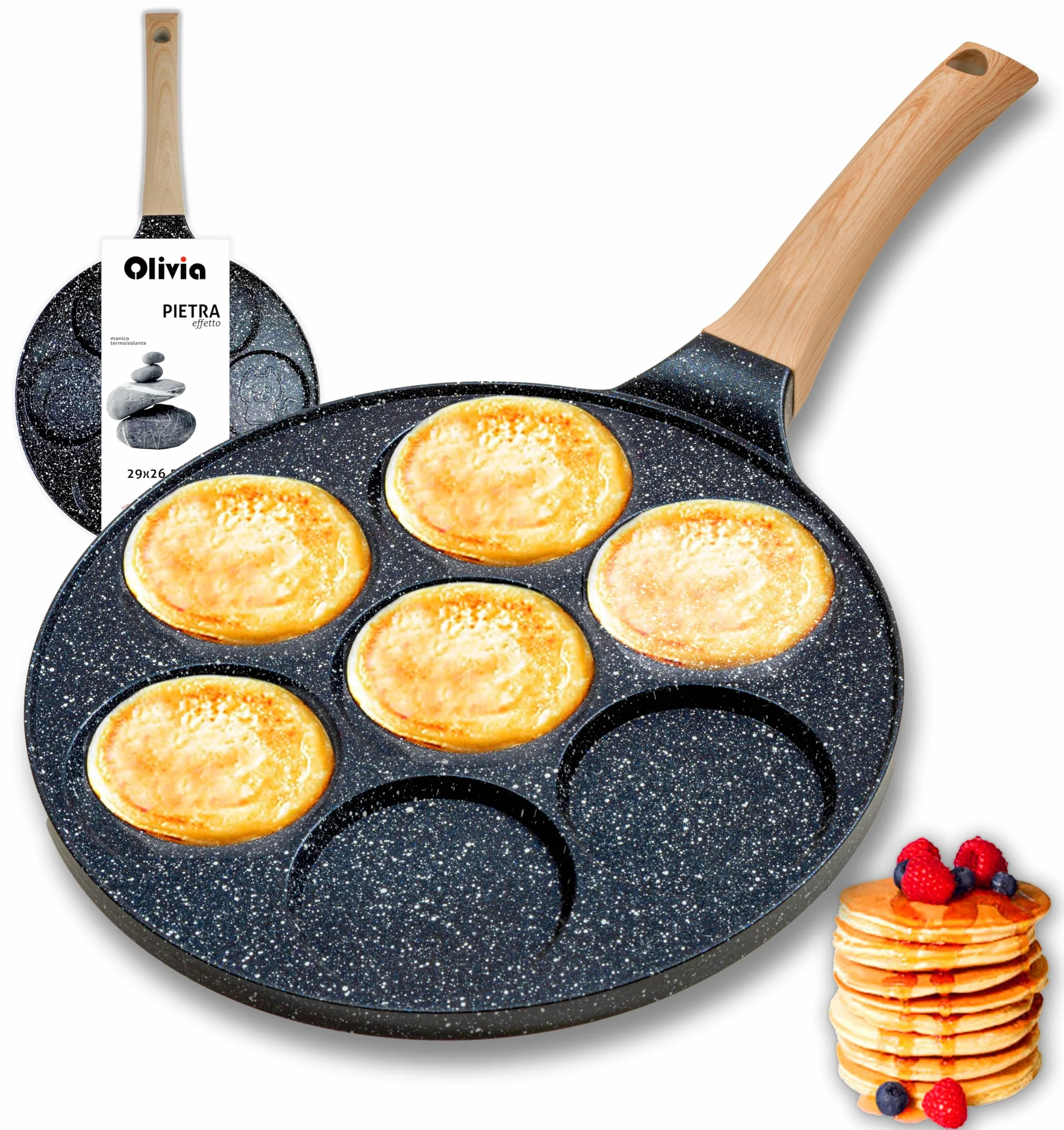 IPEA Padella Pancake Antiaderente per Induzione e Gas - Anti Aderente in Alluminio Per Frittata, Crepes, Uova, Hamburger - Padella da Cucina con 7 Stampi - Manico Comfort - 29 x 26,5 cm
