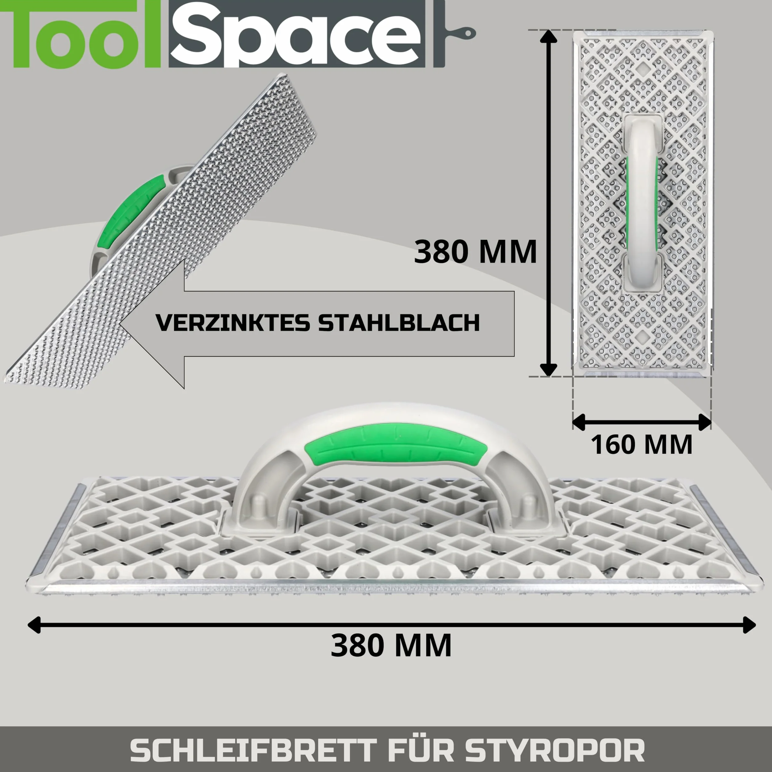 ToolSpace GRANDE Raspa per Styropor, Tavoletta Abrasiva, Levigatrice 380x160mm, Raspa per Styropor, Raschiatore per Styropor, Tavoletta di Raspa, Plastica, Zincata, Lamiera d'Acciaio, Livellamento di