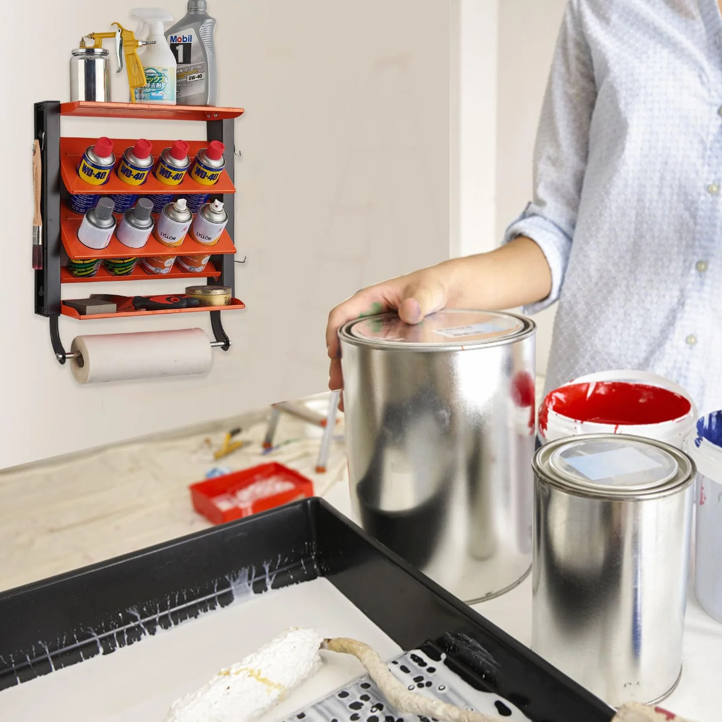 Wallmaster Supporto per bombolette spray, supporto da parete per bombolette lubrificanti, resistente, organizer per bottiglie di vernice per garage e casa, 8 fori per lattine e 2 ripiani
