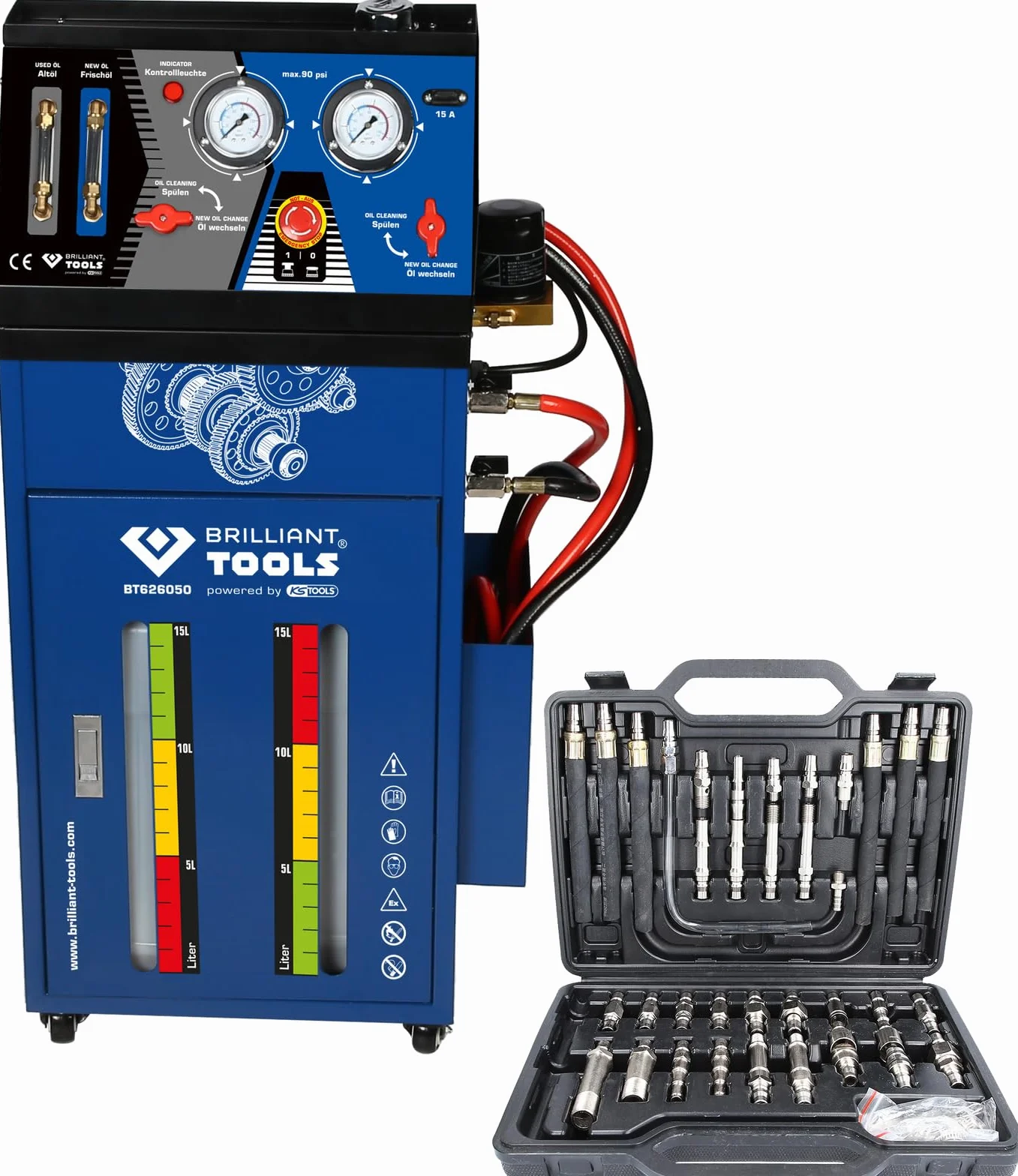 BRILLIANT TOOLS BT626050 Dispositivo di lavaggio della trasmissione per il cambio automatico inclusa serie di adattatori da 35 pz [Powered by KS TOOLS]